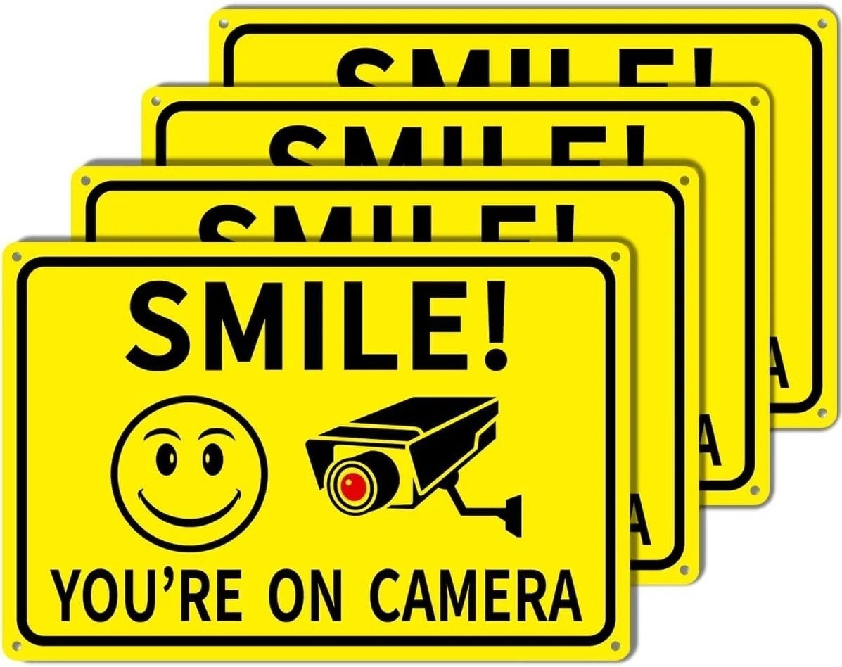 4-Pack Smile You&rsquo;re On Camera Signs 8&Prime;x12&Prime; Rust Free Aluminum Video Surveillance