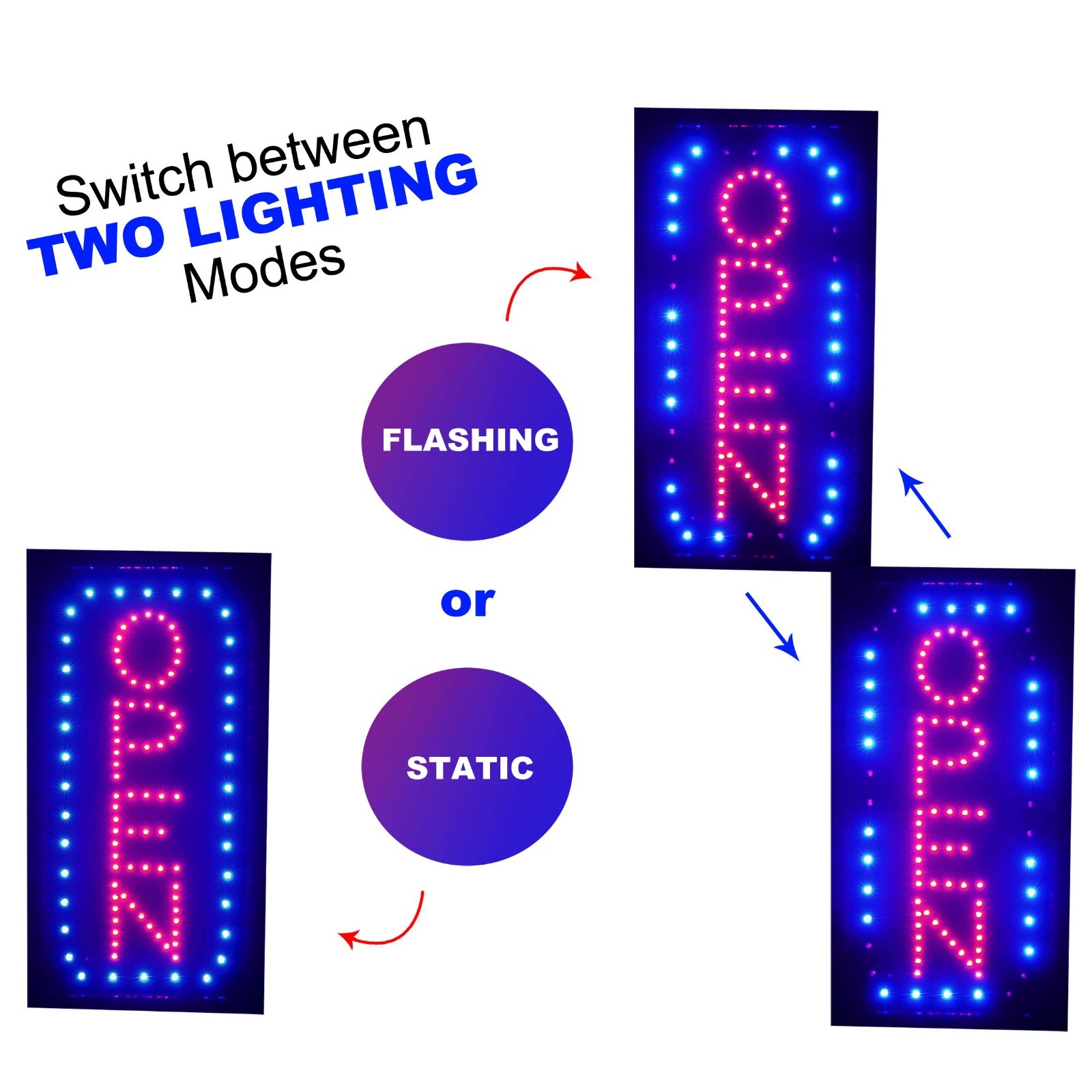 Bright Neon Open Sign for Business – Vertical LED Display with Flashing Mode, Ho