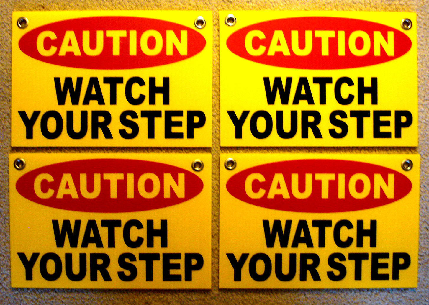 (4) CAUTION WATCH YOUR STEP Coroplast SIGNS with Grommets 8&Prime;x12&Prime; yellow