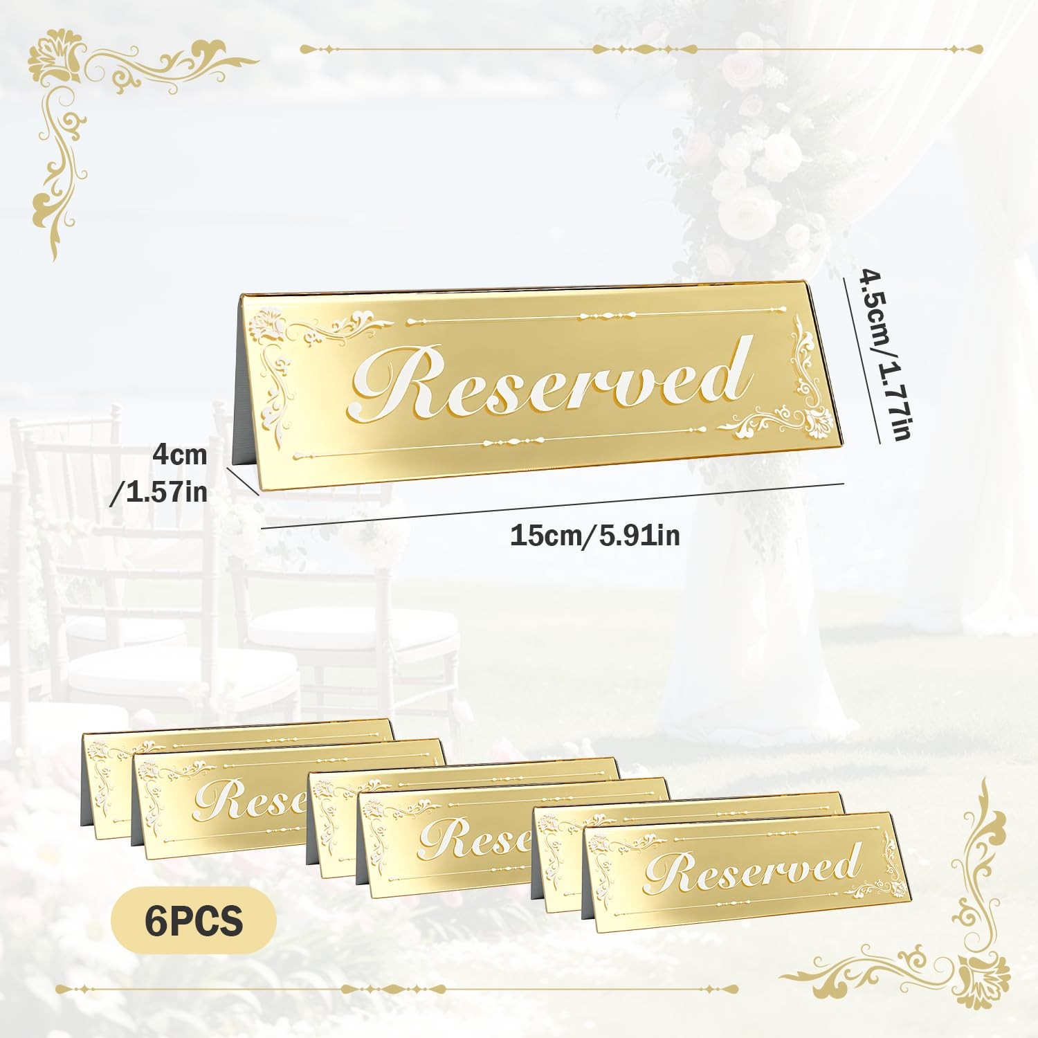Mirrored Gold Double Sided Acrylic Reserved Table Tent Signs 6×2 Inch 6 PCS