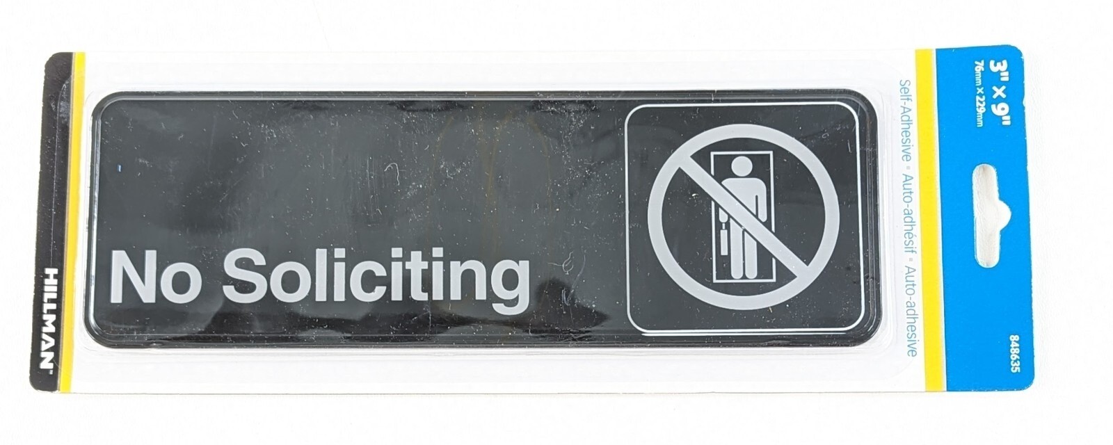 No Soliciting Self-Adhesive Plastic Sign 3 x 9  » – Hillman 848635 – NEW