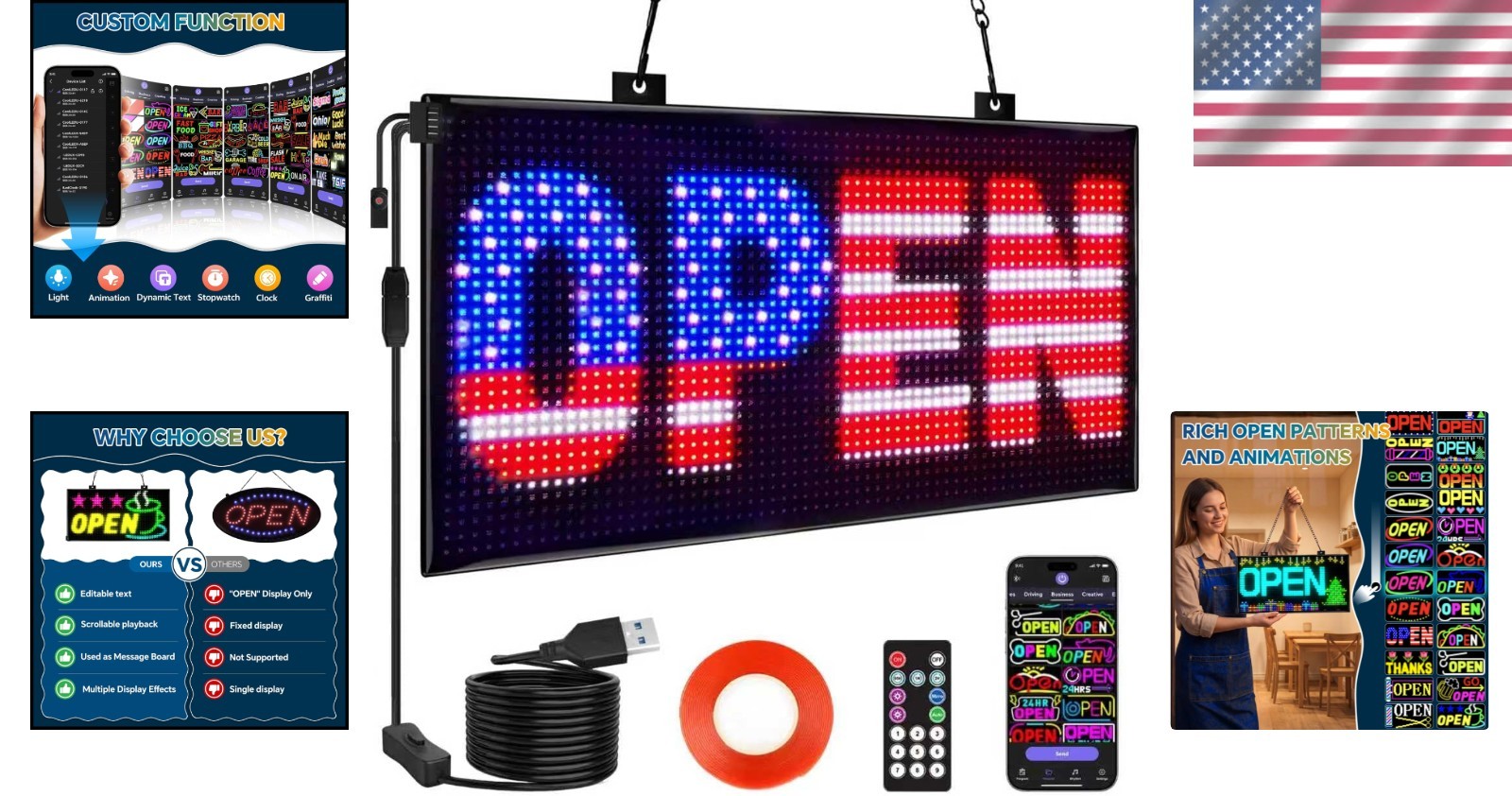 Huge 20&Prime;x12&Prime; LED Open Sign – Multicolor Programmable Scrolling Display w/ Remote