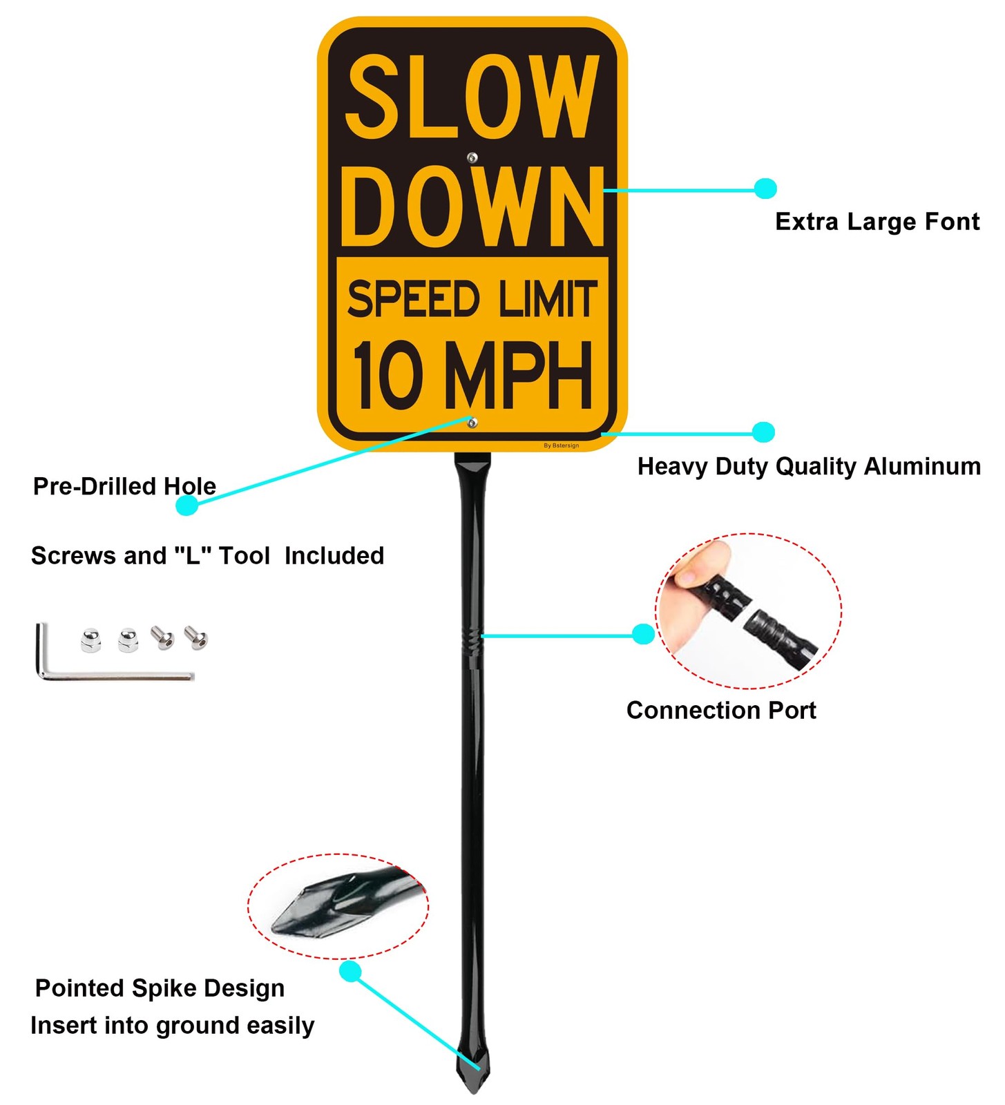 Slow Down Speed Limit 10MPH Sign 36 Inch Metal Stake Reflective 14×10 Inch 2 PCS