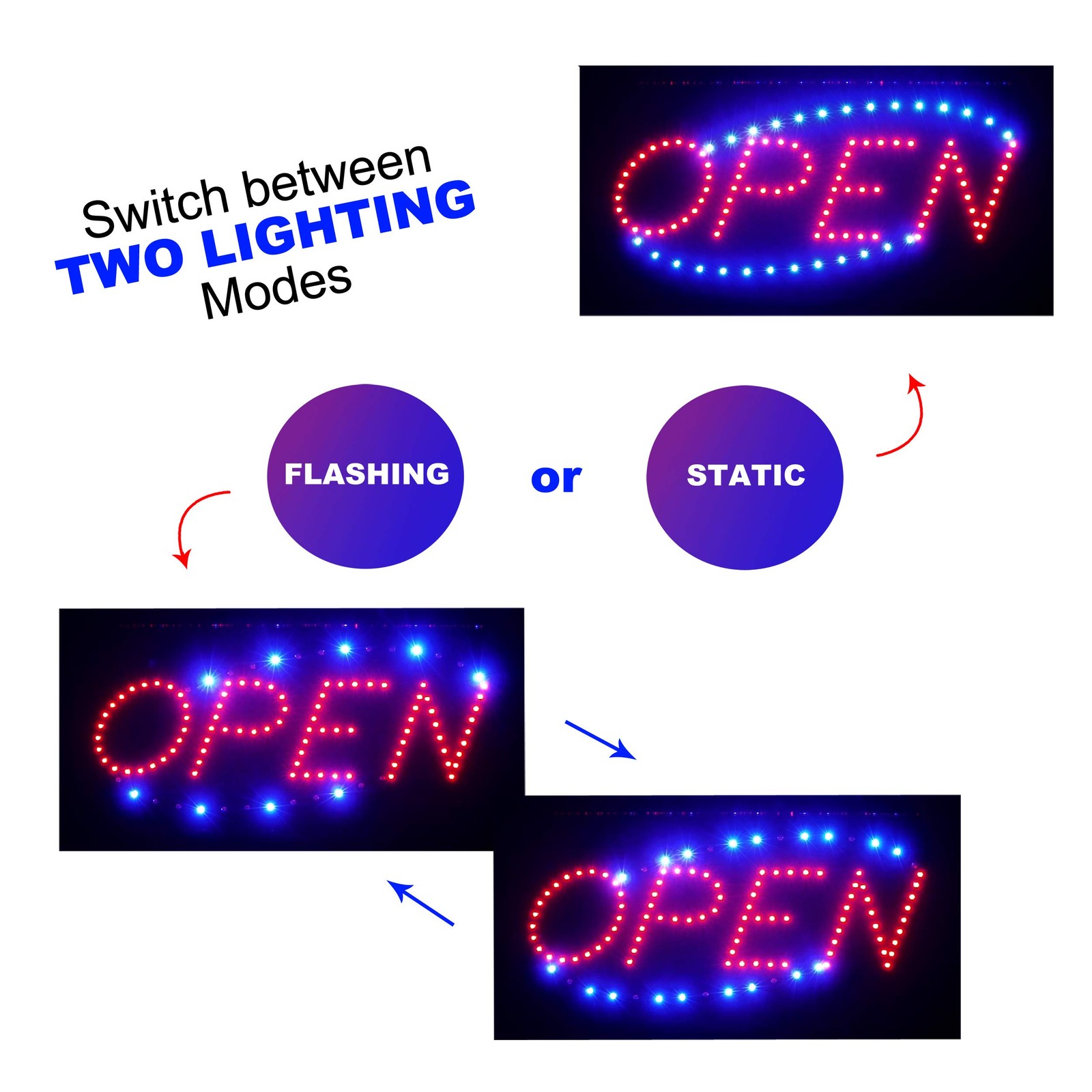 Neon Open Sign for Business Horizontal LED Sign with Flashing Mode for Stores