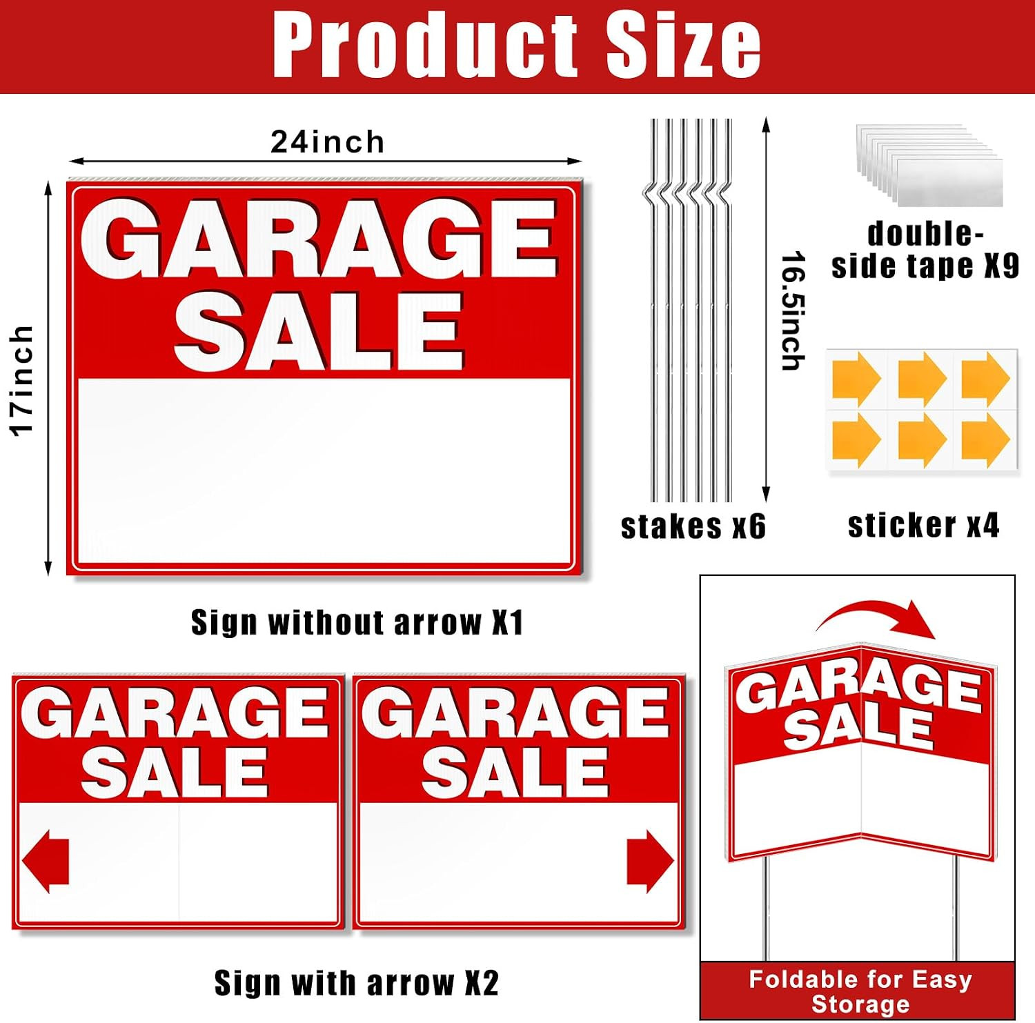 Garage Sale Signs 24&Prime; X 17&Prime;, 3Pcs Foldable Extra-Large Yard Sale Signs with Meta