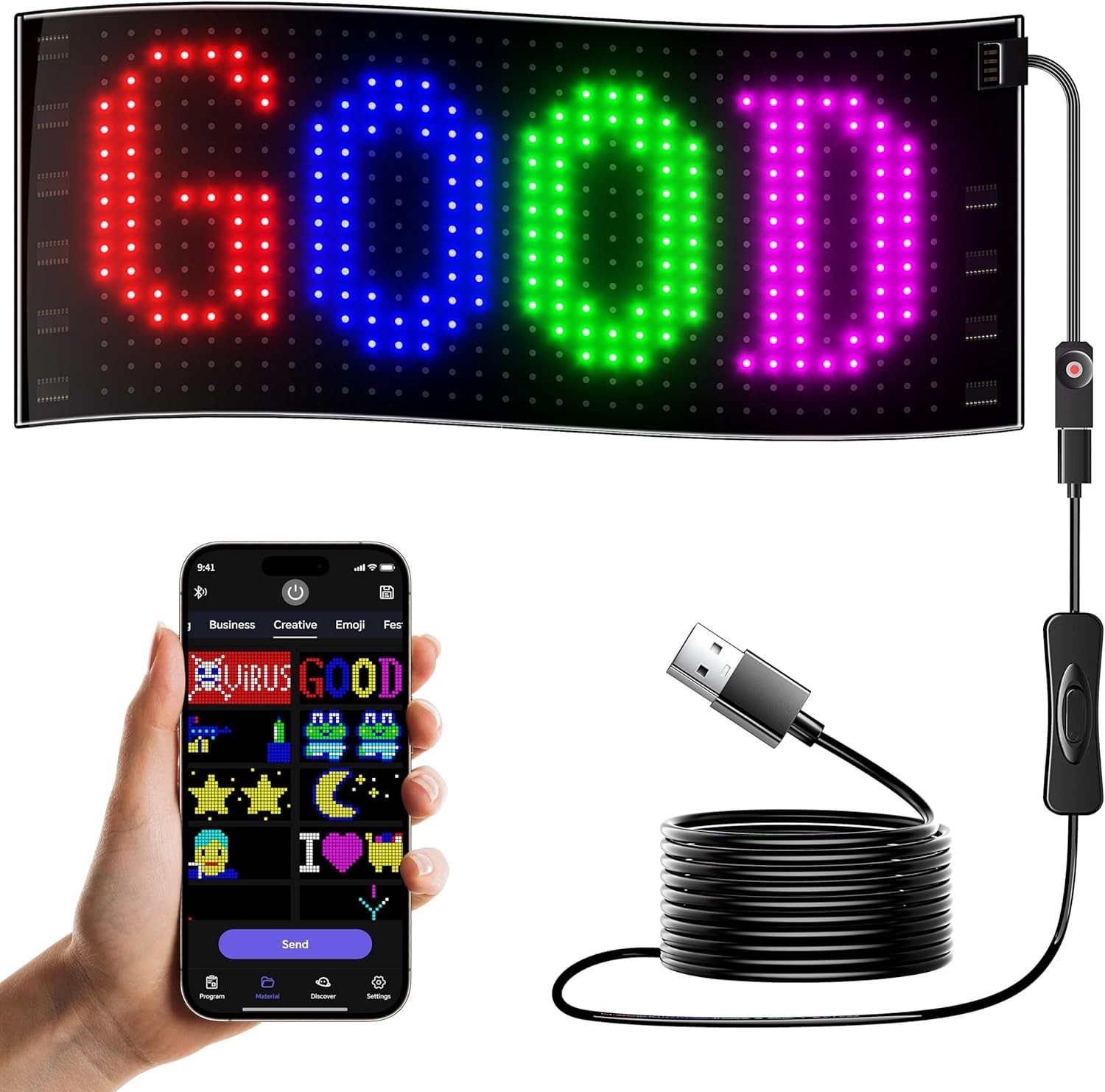 7 »x3 » Flexible LED Sign for Cars: Personalize with APP Control & DIY Features