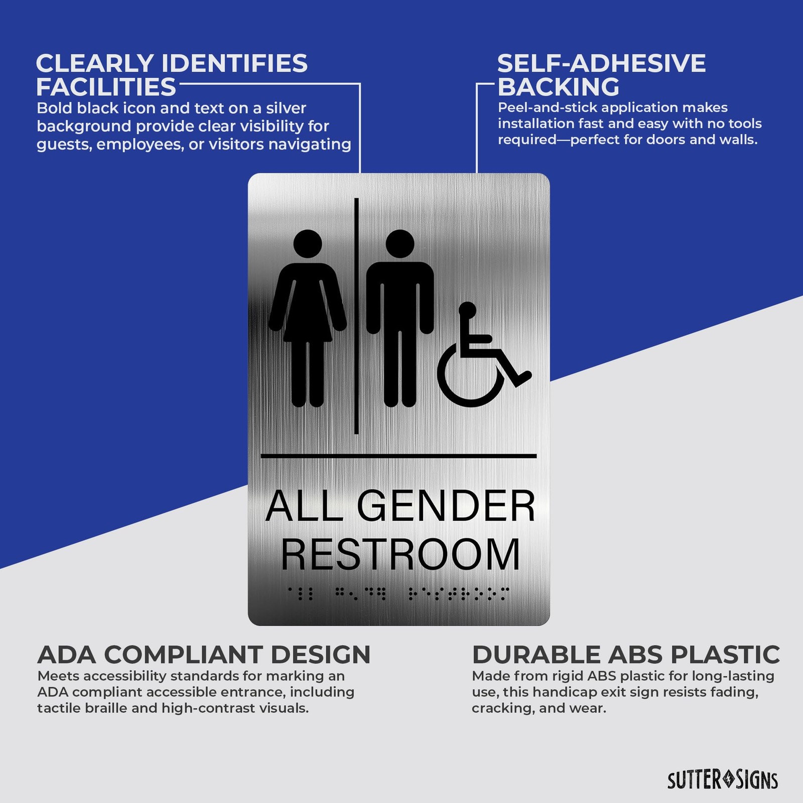 All Gender Restroom Sign Braille Gender Neutral 6×9 Inch Adhesive Black