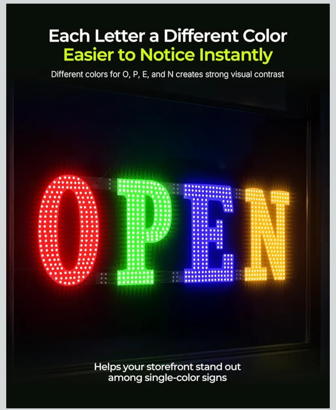 Multi-Color OPEN Sign, 40&Prime; x 14&Prime;, Adjustable Brightness & Flash Speed, Remote
