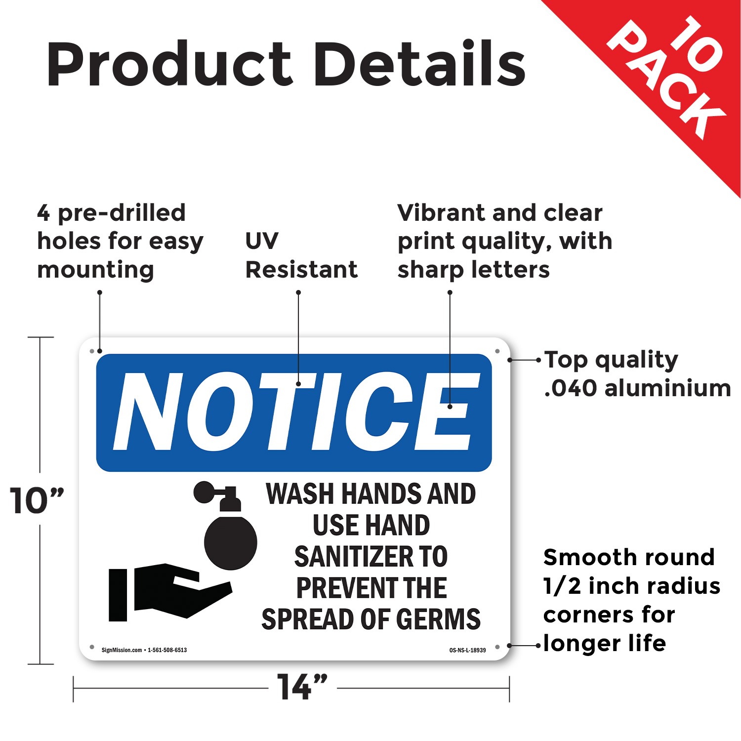 Wash Hands And Use Hand Sanitizer OSHA Notice Sign Metal, Decal – 5 or 10 Pack