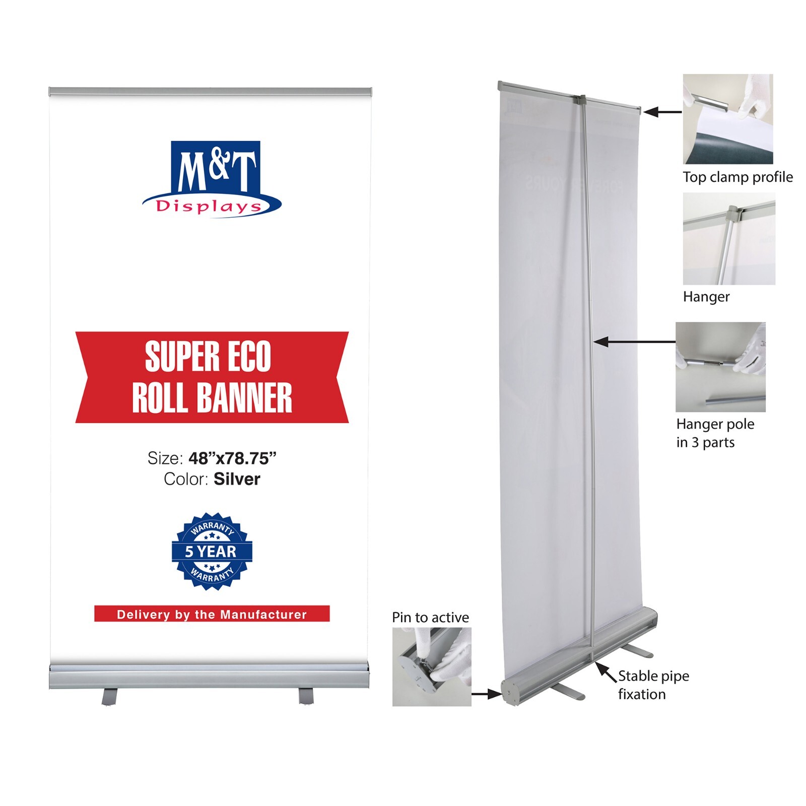 Super Eco Retractable Aluminum Silver Roll Up Banner Stand with Bag 48×78.75&Prime;