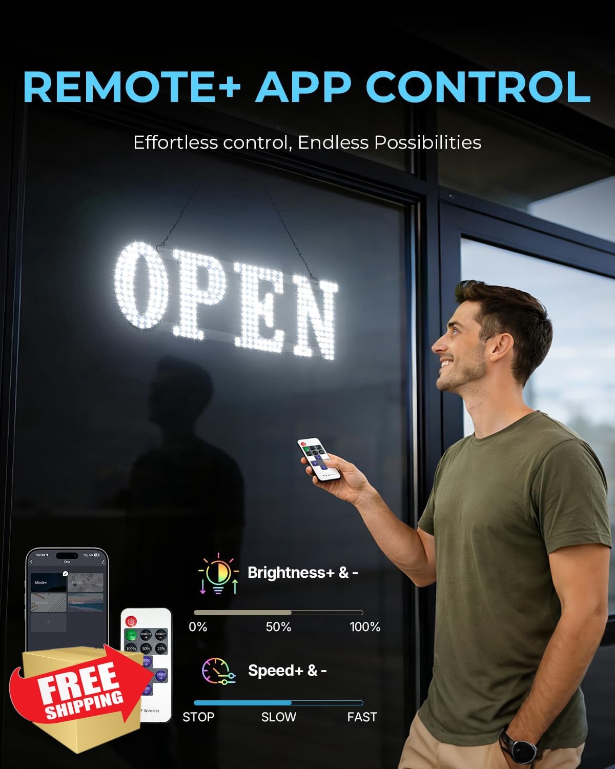 LED Open Sign for Business, 30&Prime;x10&Prime; Timer Remote Control White