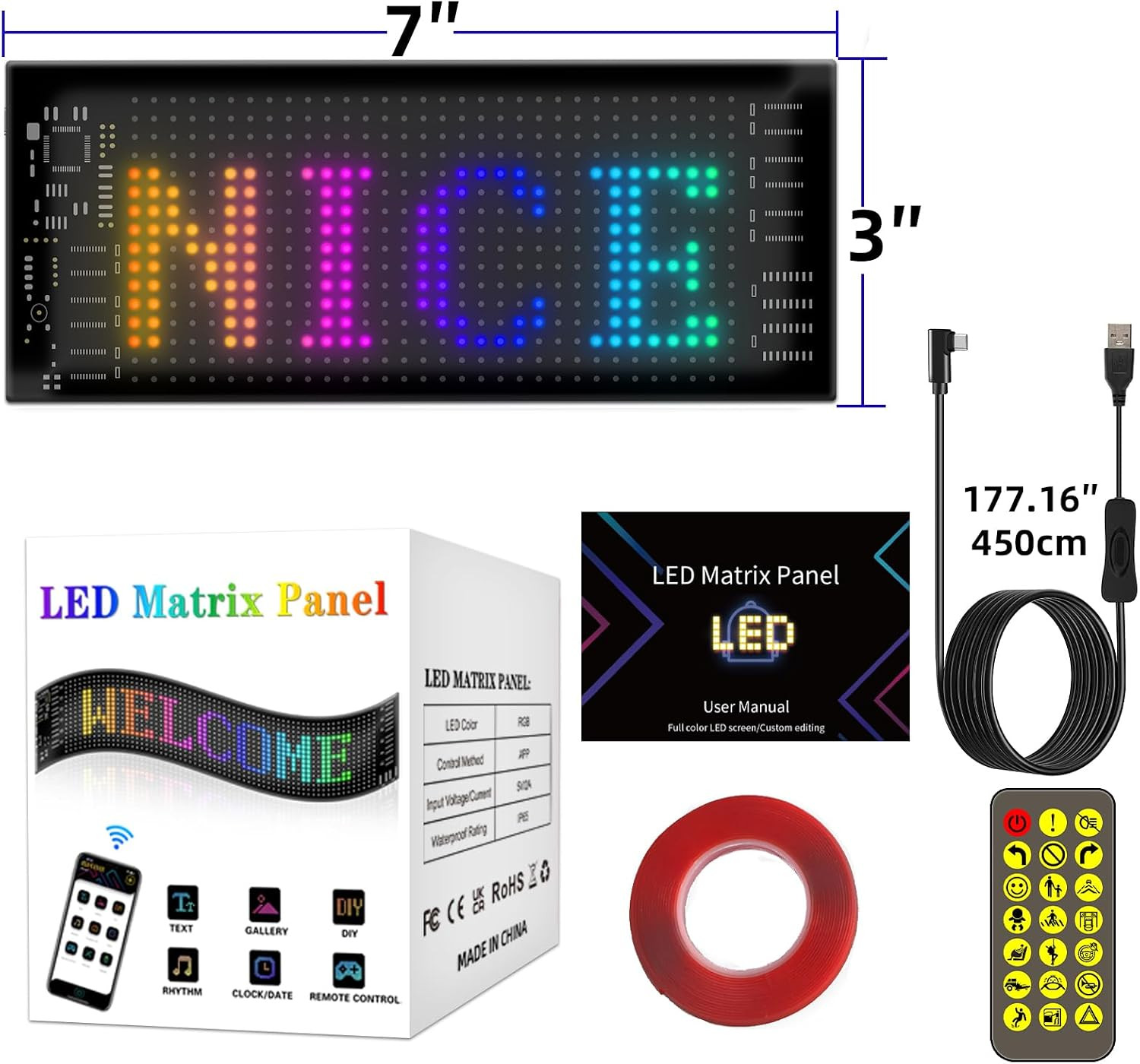 LED Sign for Car Taxi, 7 »X3 » Flexible LED Matrix Panel USB 5V Bluetooth APP Co