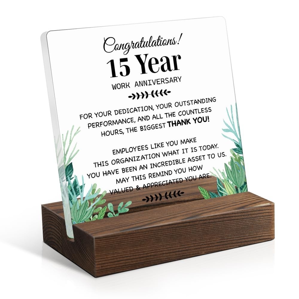 15-Year Work Anniversary Acrylic Sign with Wooden Stand – Employee Appreciation
