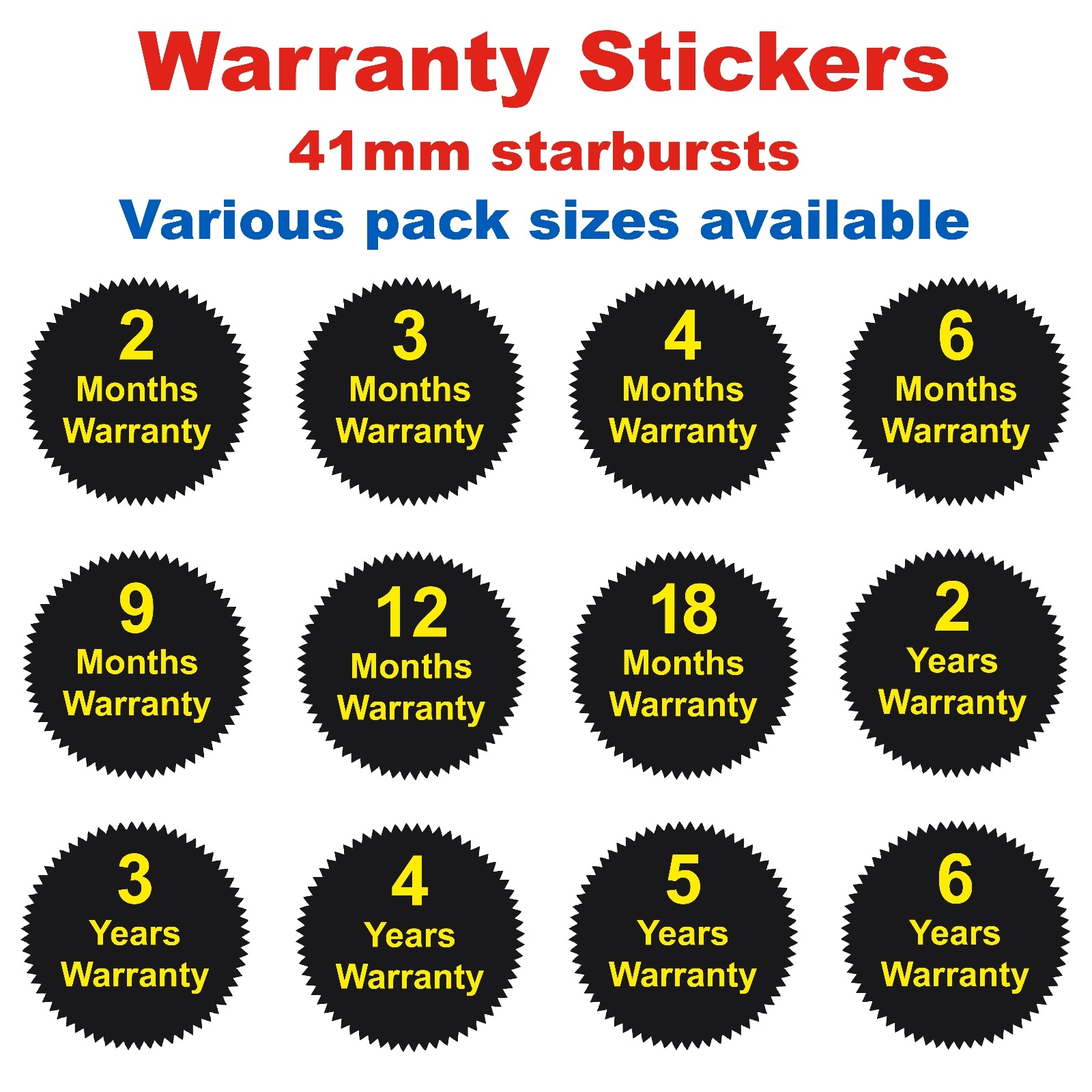 41mm Starburst – 2 Months Warranty Stickers – Various Pack Sizes Available