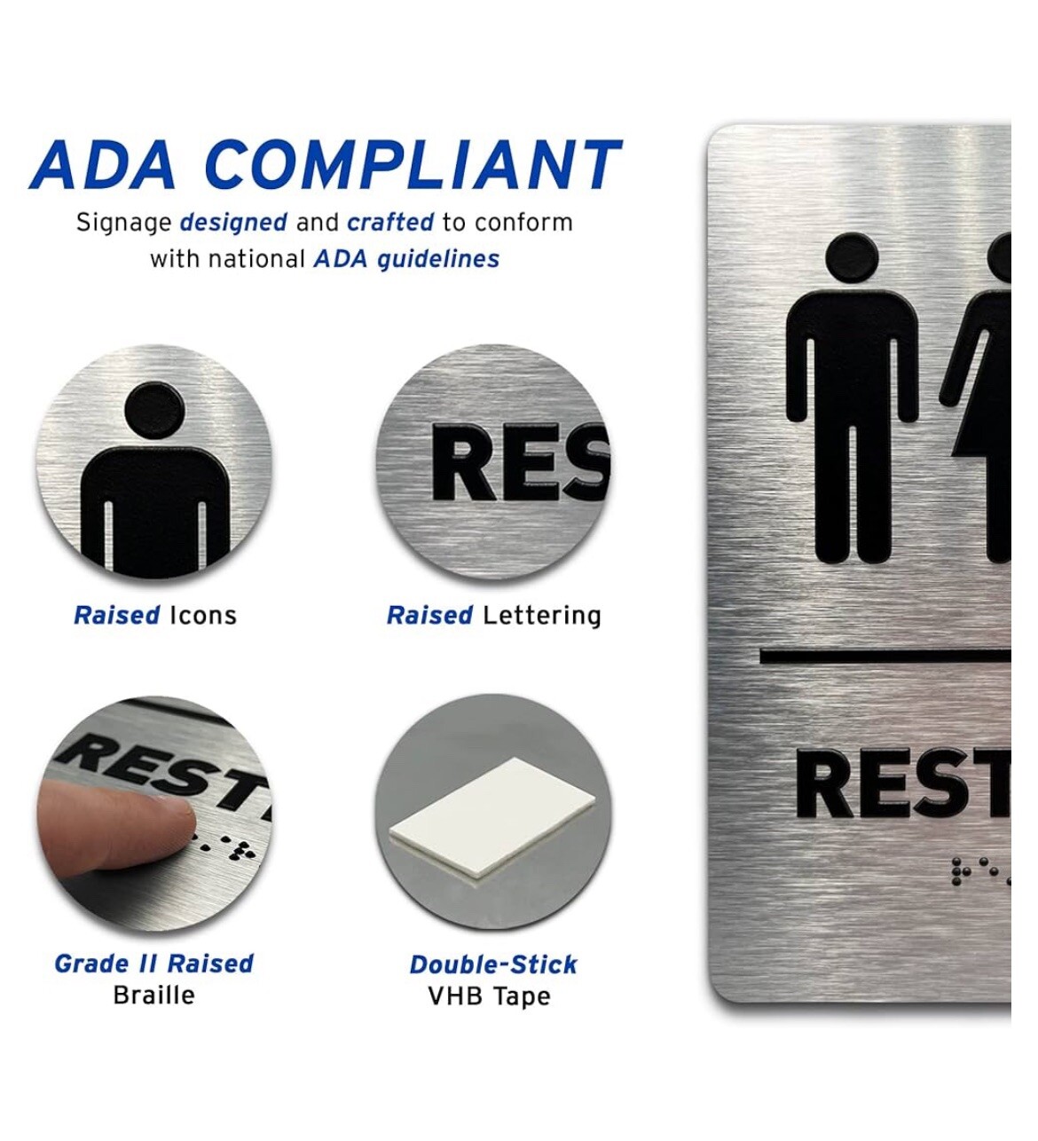 5 NEW Brushed Aluminum Signs by GDS: 2 MEN + 2 WOMEN + 1 ALL GENDER RESTROOM