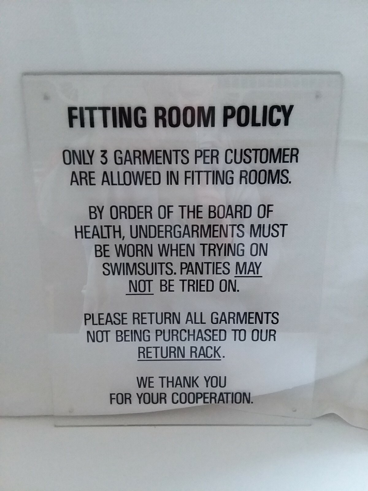 Fitting Room Policy Clear Acrylic Wall Plaque Sign 11×14 Pre-drilled Holes