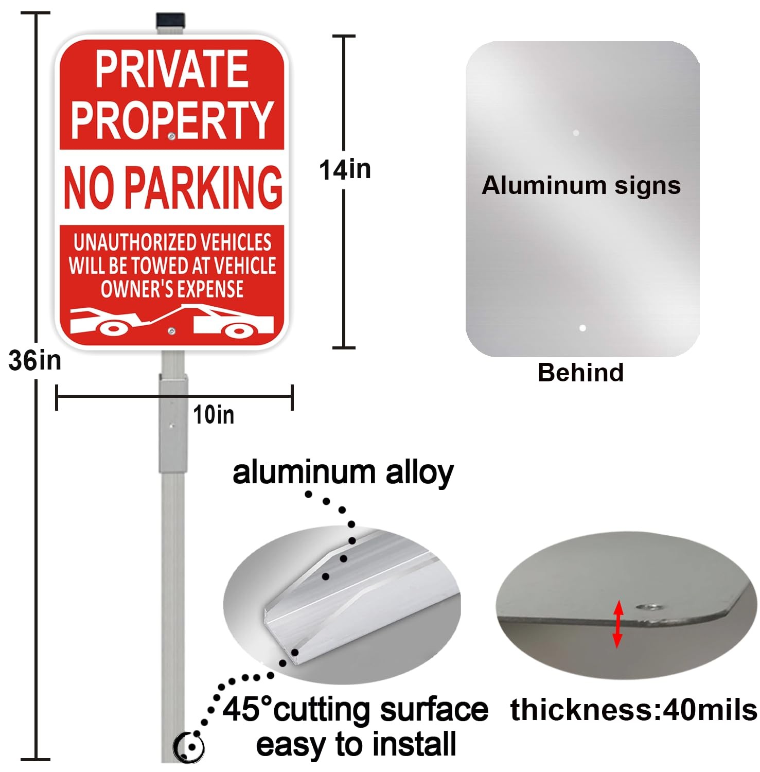 No Parking Sign Private Property Aluminum Stake 14×10 2 Pack Heavy Duty Rust Fre