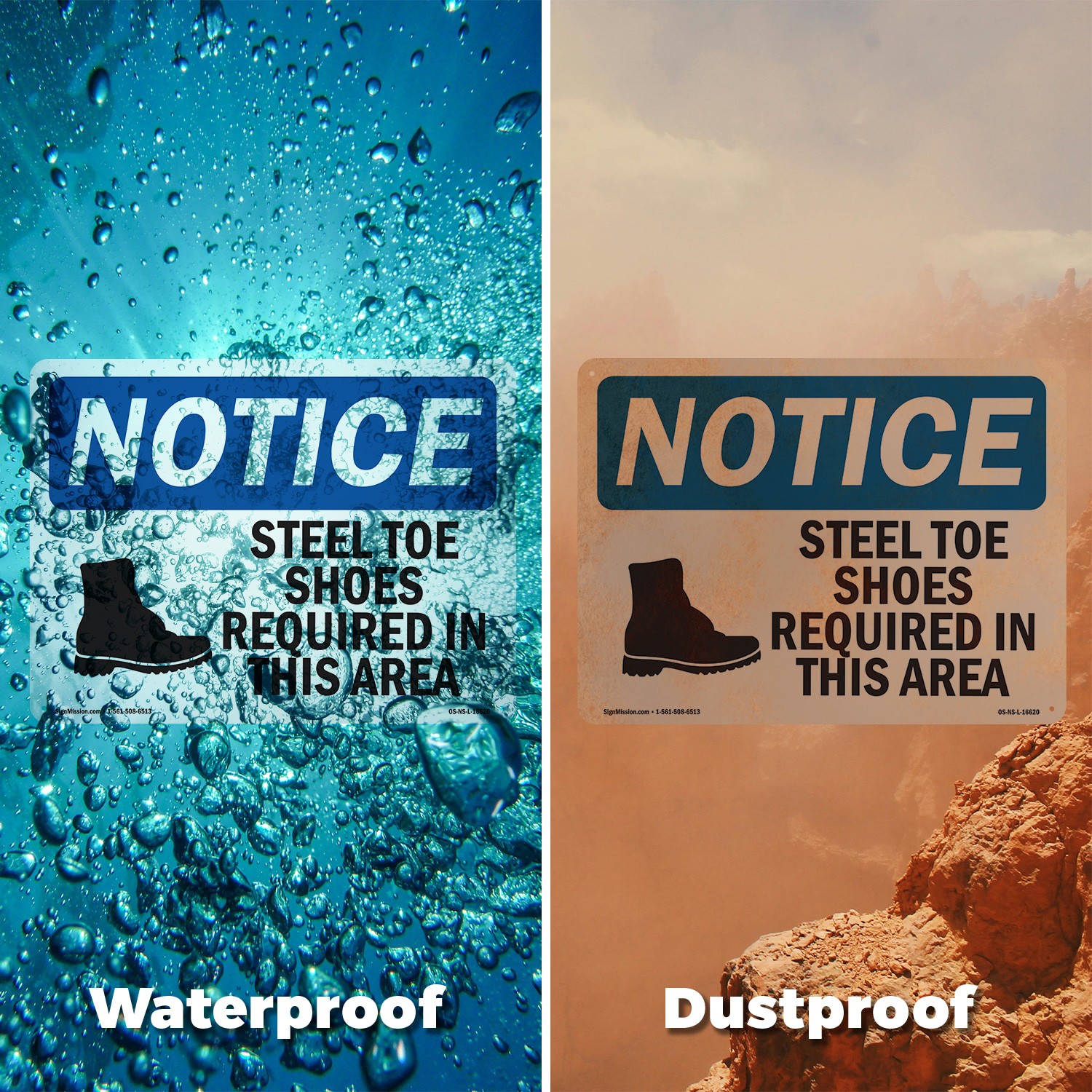 Steel Toe Shoes Required Area OSHA Notice Sign Metal Plastic, Decal 5 or 10 Pack