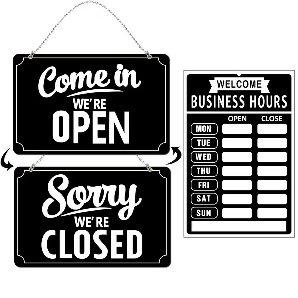 Black Double-Sided Open Closed Sign with Business Hours Set for Store Restaurant