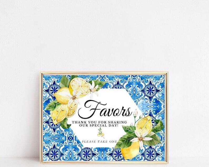 Lemon Italian Blue Tile Favor Sign Baby Bridal Shower Wedding Yellow Blue Tile