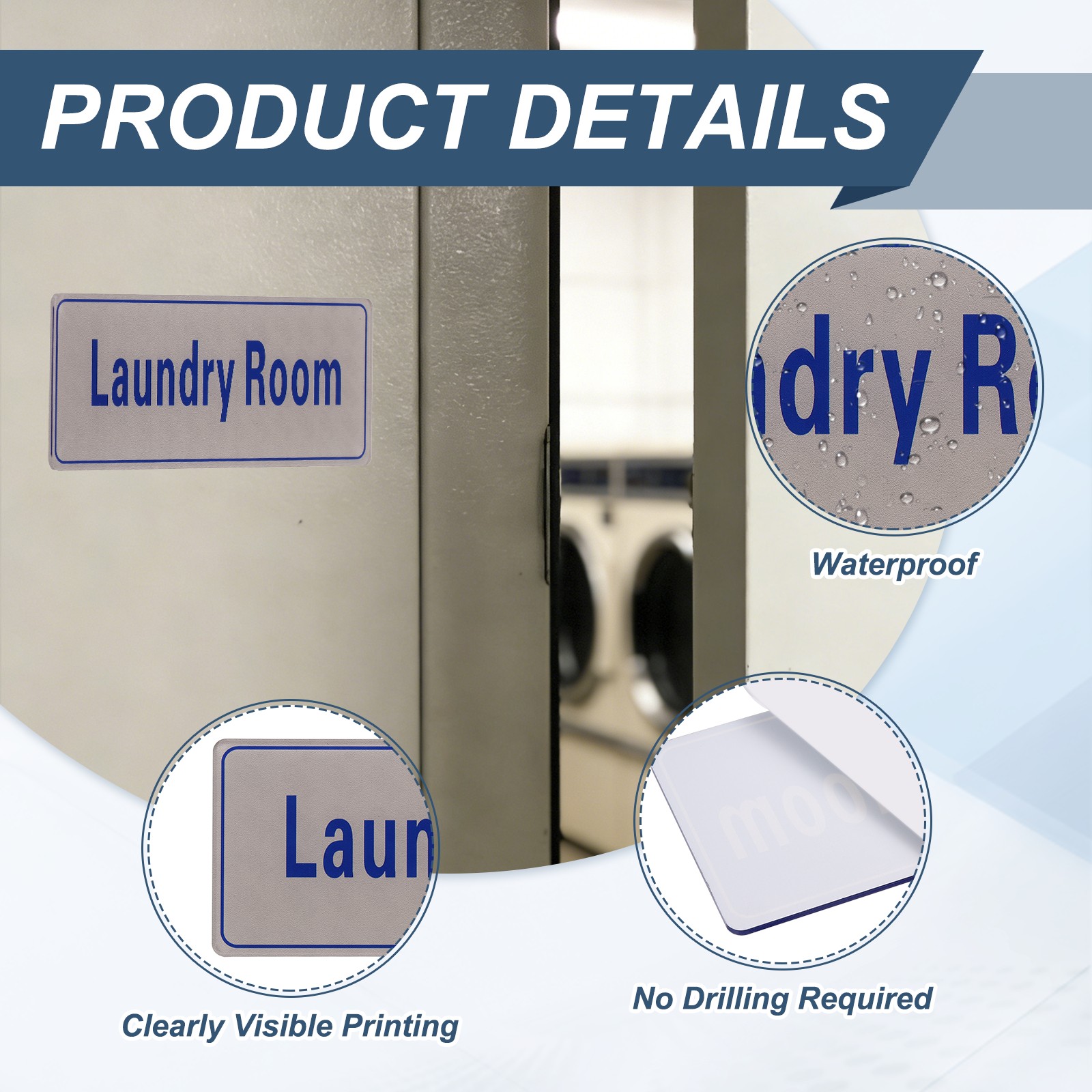 9&Prime;x3&Prime; Laundry Room, 1Pcs Room Door Sign Self-Adhesive, Light Gray with Blue Text