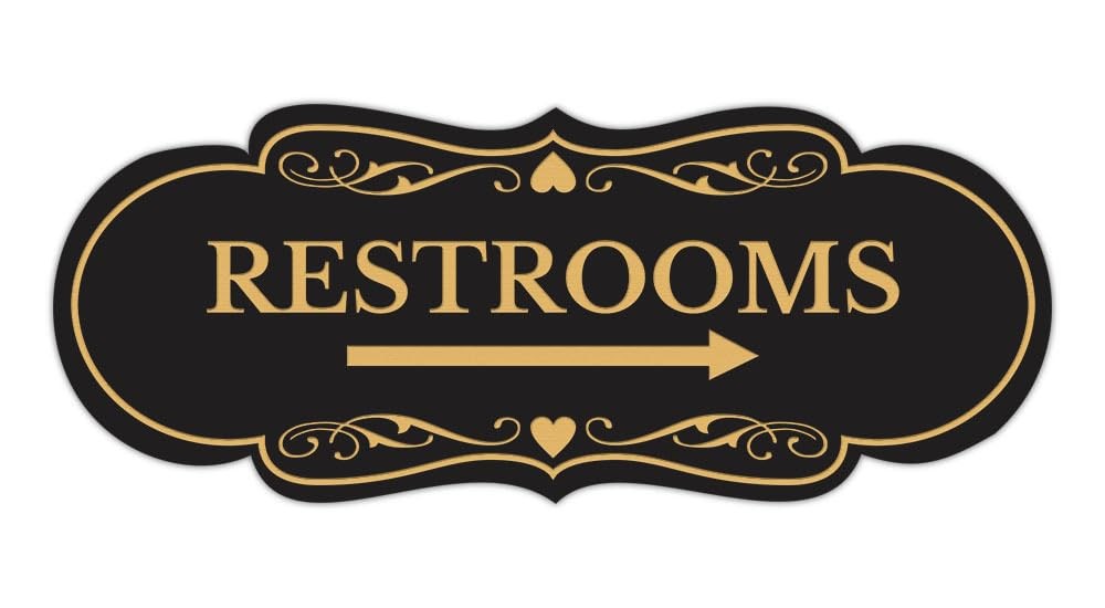 Large Designer Restrooms Right Arrow Sign Black Gold Durable Wall Door Mount