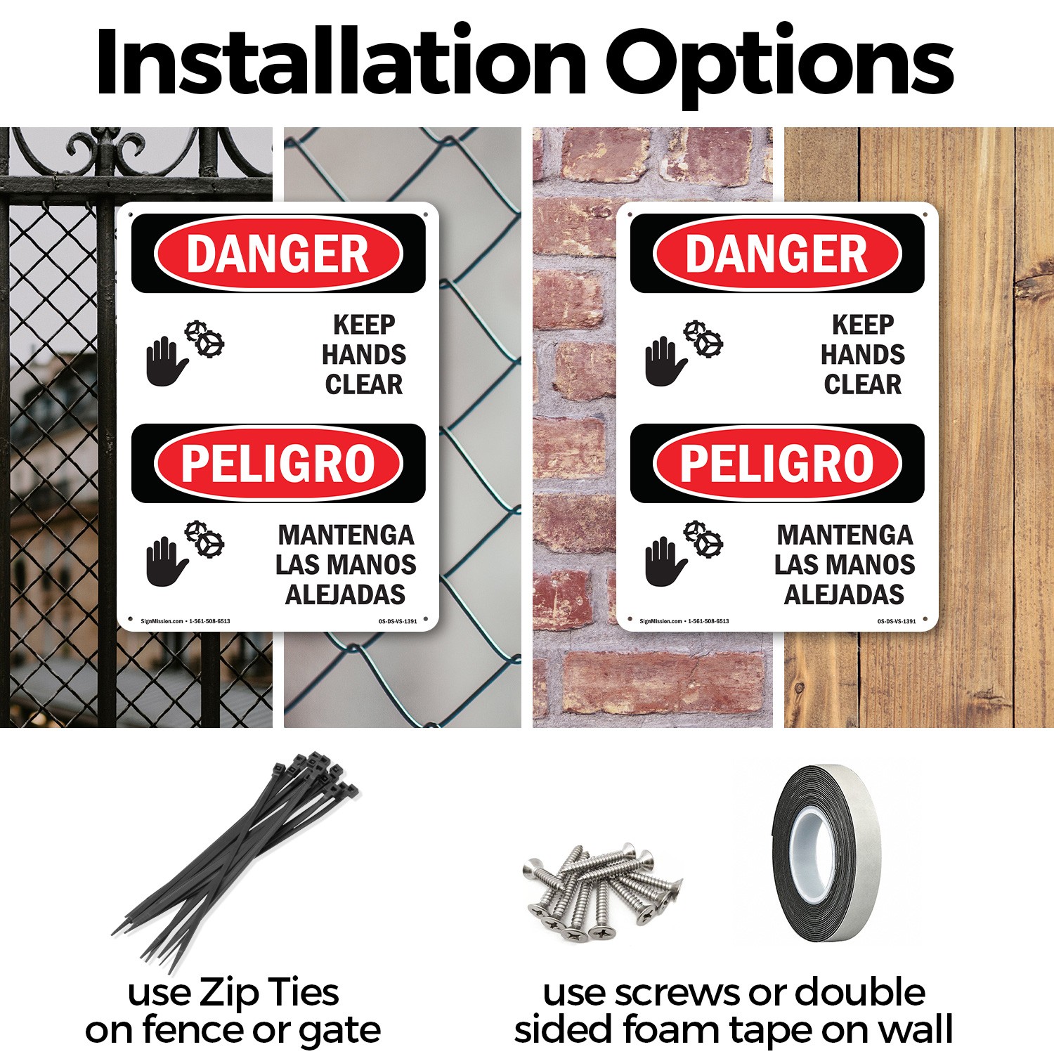 Keep Hands Clear Bilingual OSHA Danger Sign Metal, Plastic, Decal 5 or 10 Pack