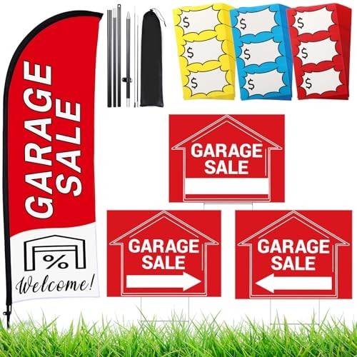 Garage Sale Signs Set with Flag & Poles, 3 Double-Sided Directional Arrows, 150