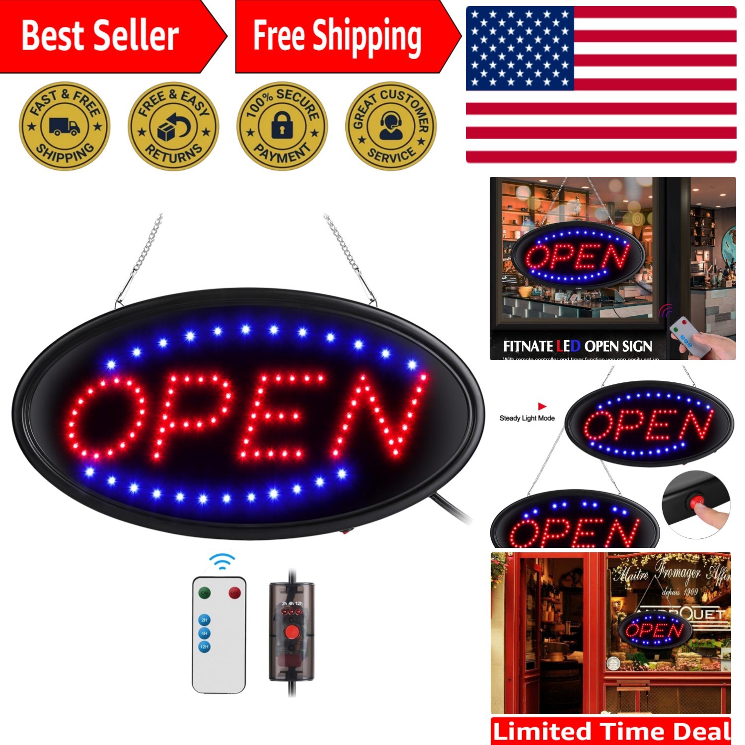 Remote-Controlled Electric Open Sign – Ultra Bright LED for Bar, Cafe, Hotel