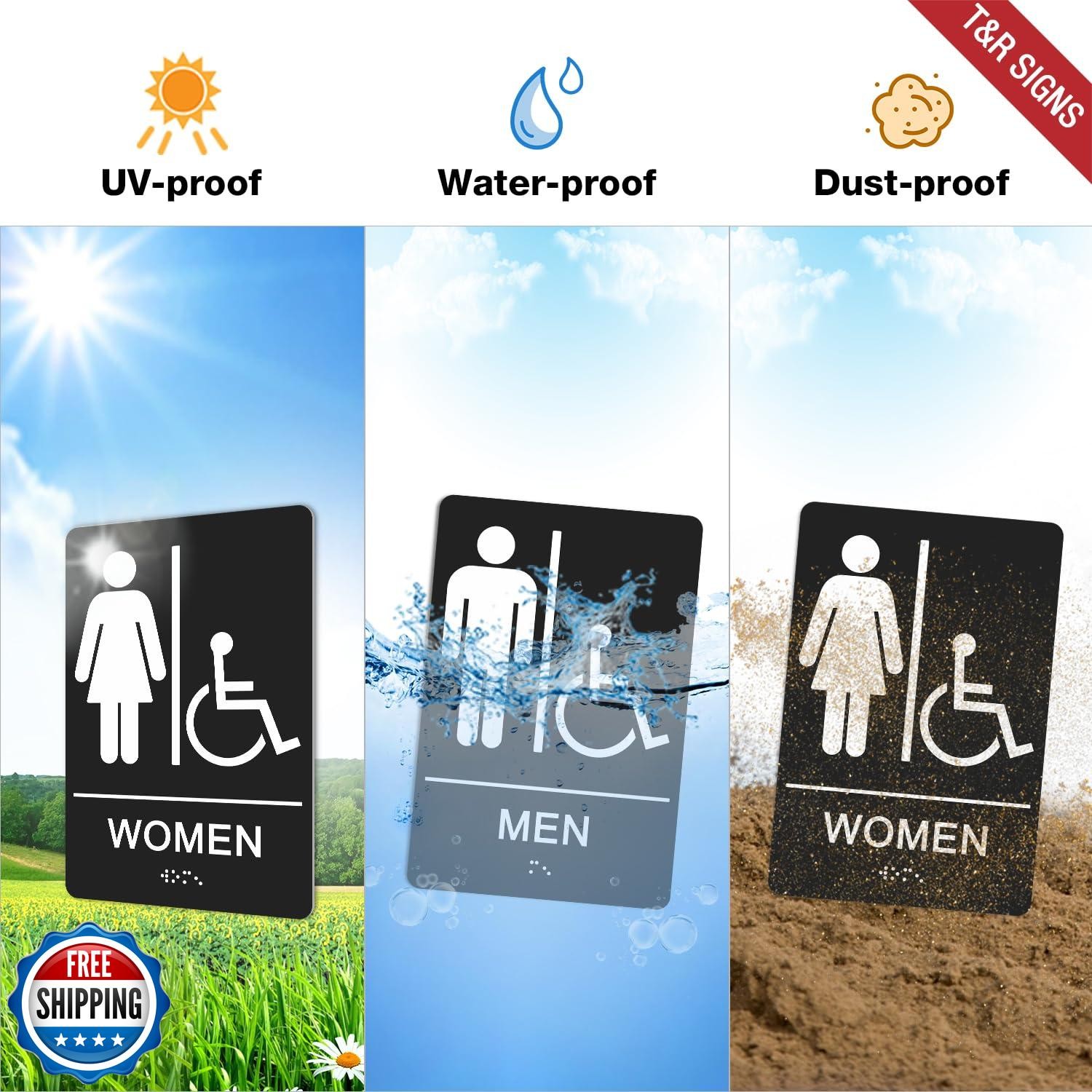TandR ADA Braille Unisex Bathroom Signs, Men Women Signs – 2 Pack – 9 x 6 Inc