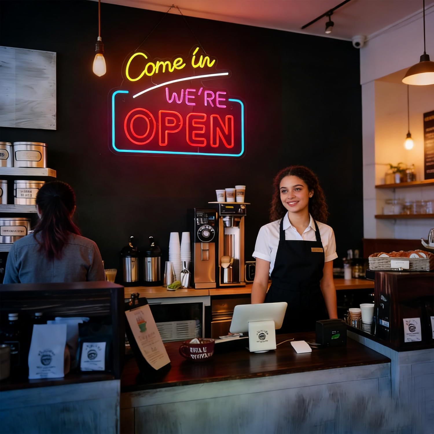 Bright Large Neon « Come In We&rsquo;re Open » Sign for Café, Shop, Bar, Restaurant