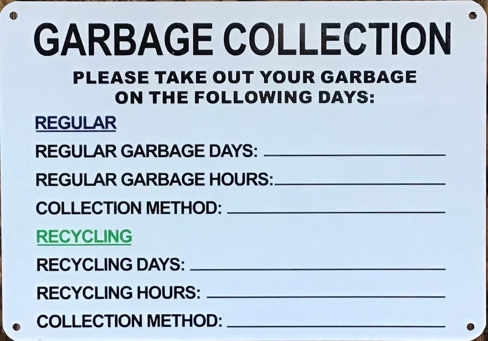GARBAGE COLLECTION SIGN HPD NYC REQUIRED SIGN (7X10 WHITE BACKGROUND,ALUMINUM)