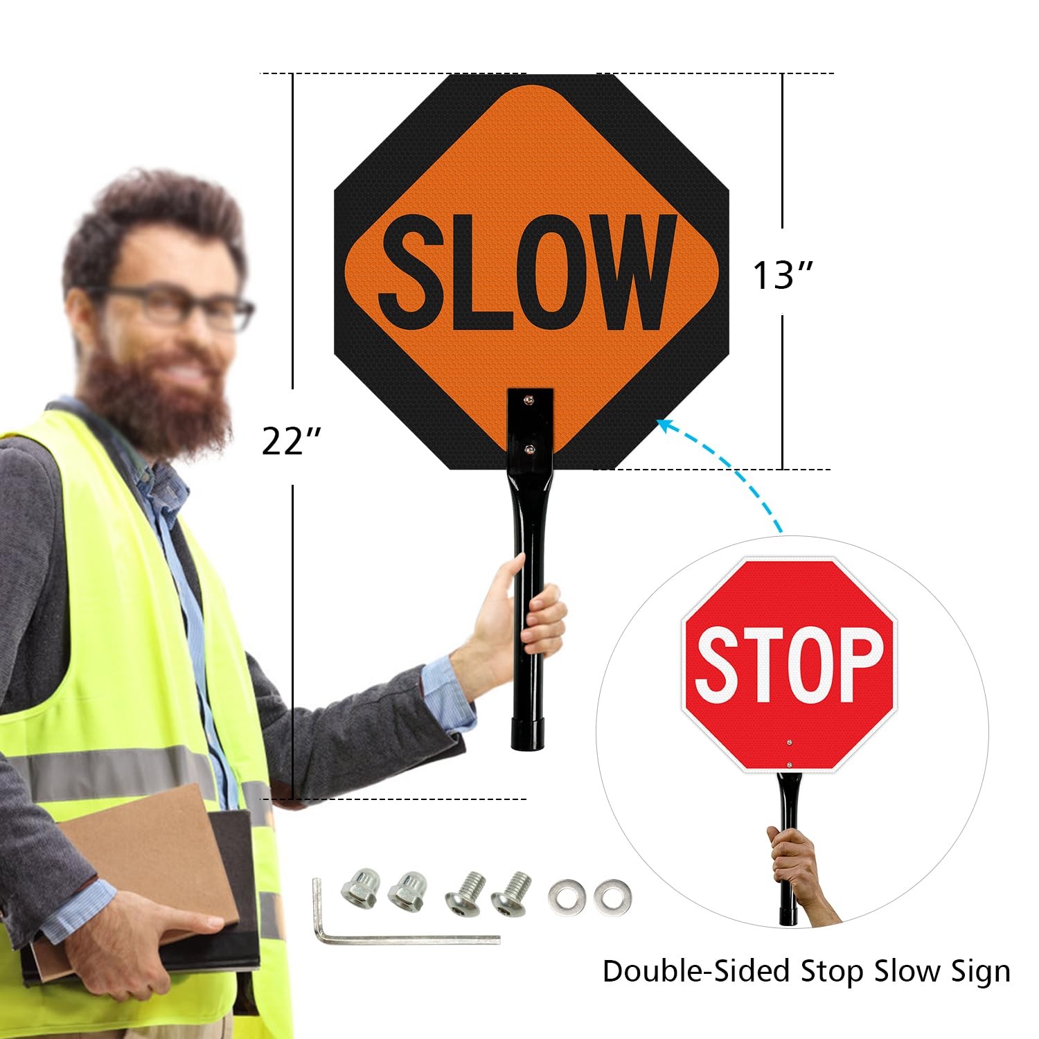 2 PCS Stop Slow Sign Metal Handle Double Sided 13×13 Inch Red Orange Aluminum