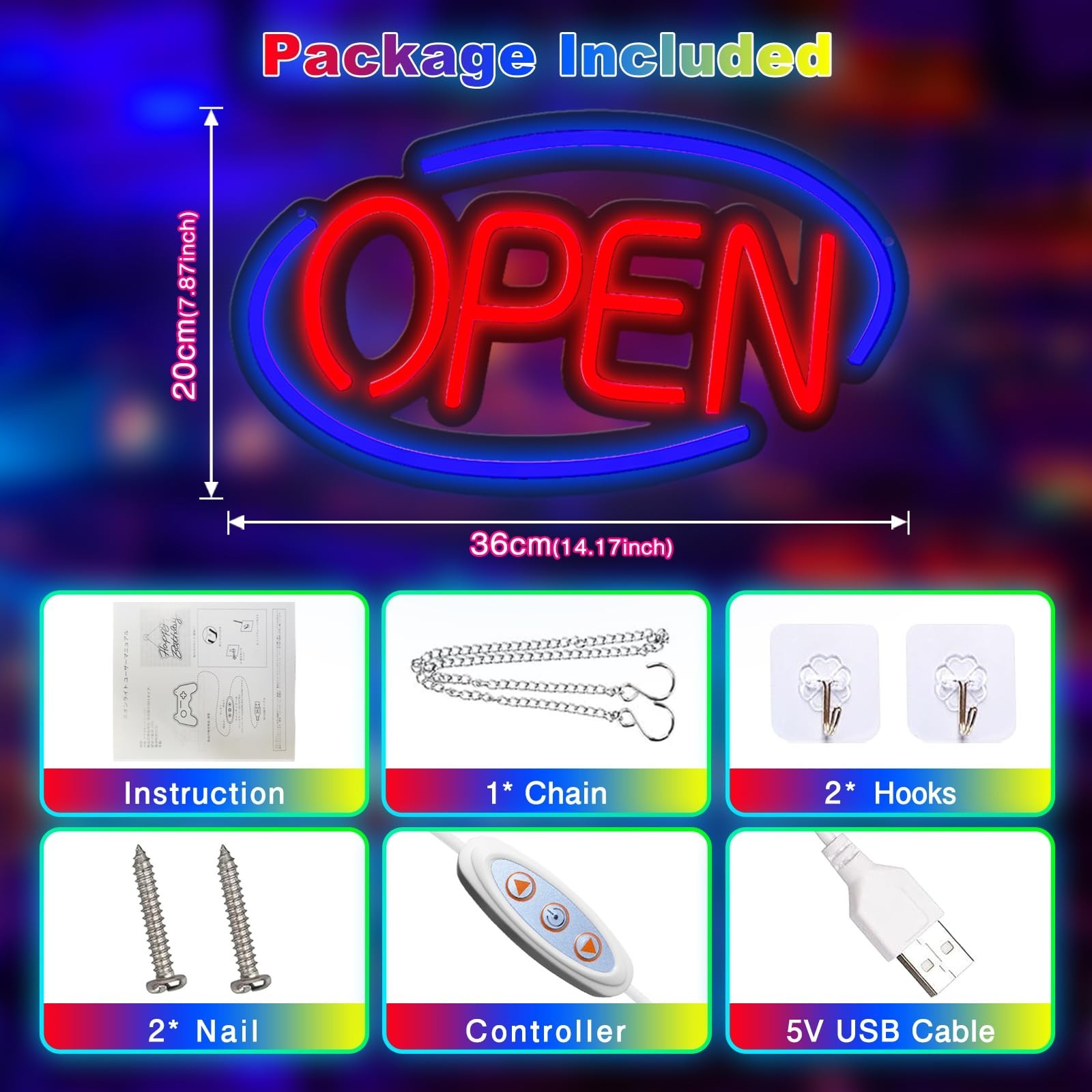 Bright Dimmable Neon Open Sign Light for Business, Store, Bar – 14.17&Prime;x7.87