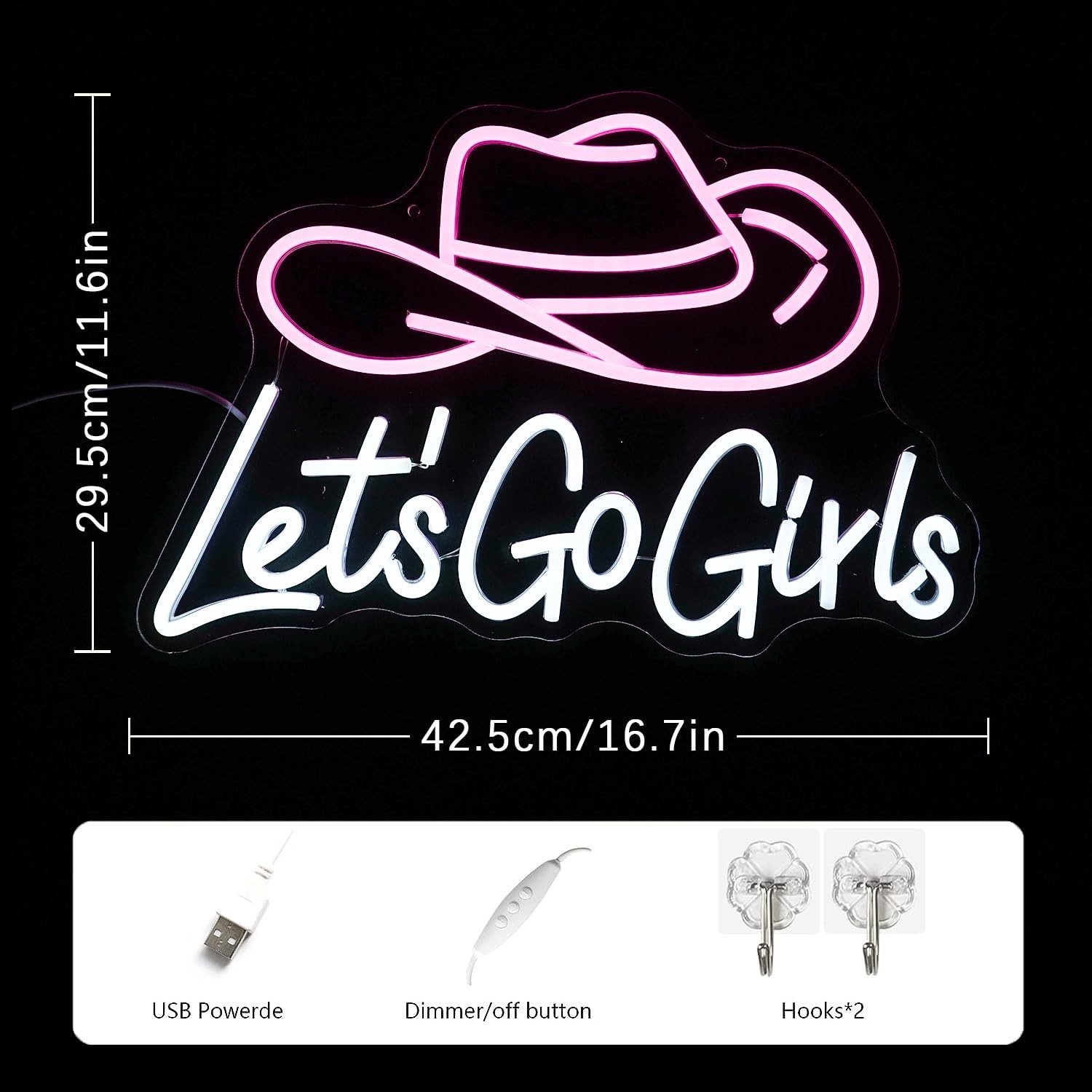 Let&rsquo;s Go Girls Neon Sign Pink White Cowboy Hat Neon Signs Letter Led Light up…