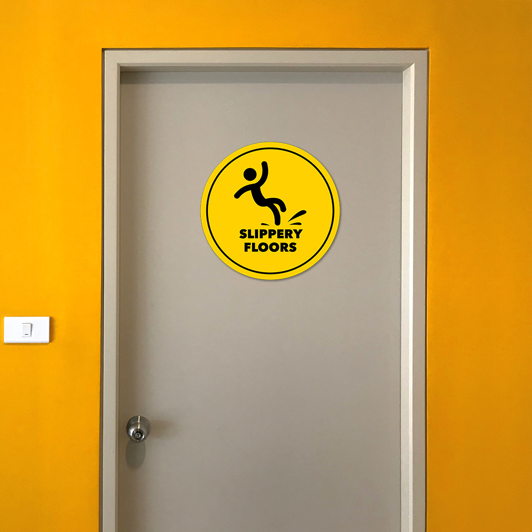 Circle Plus Slippery Floors Wall or Door Sign | Easy Installation