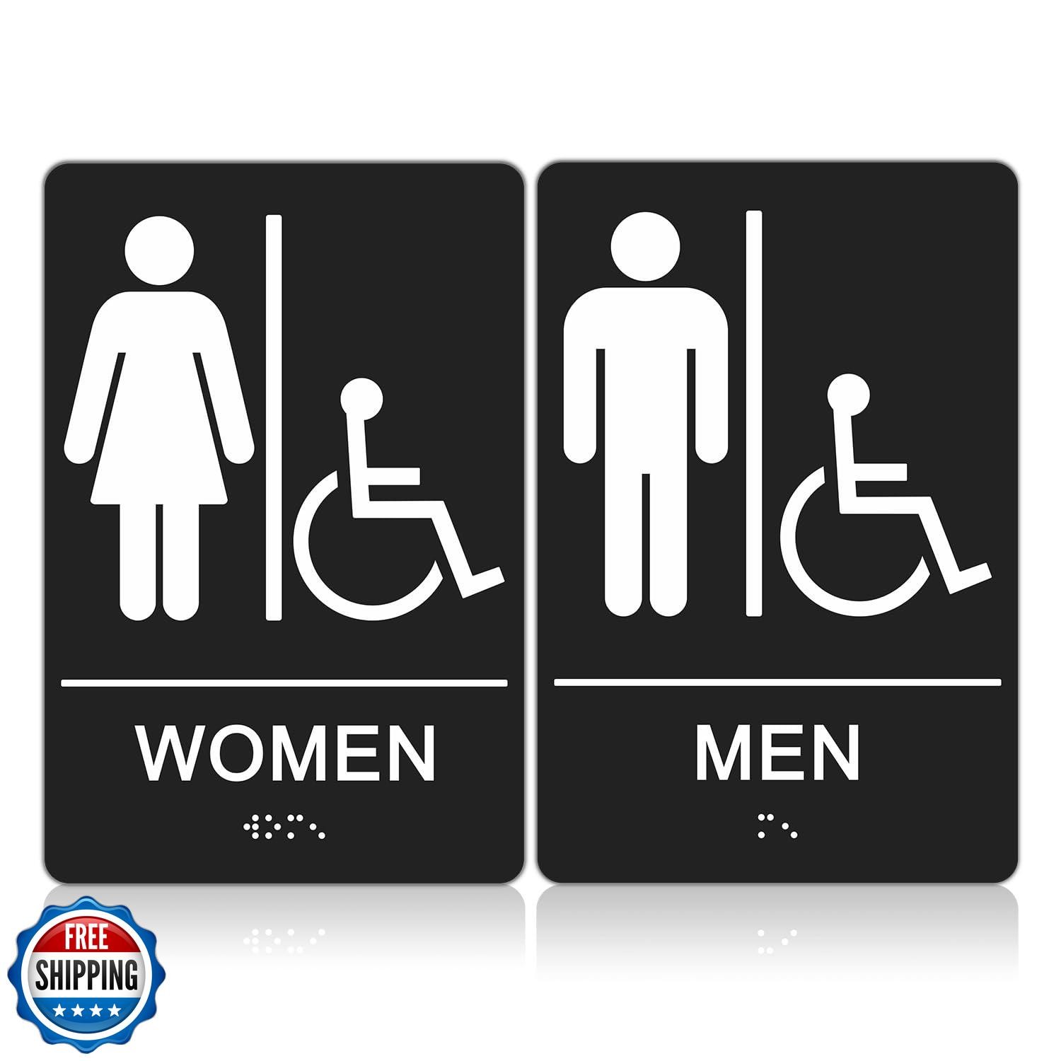 TandR ADA Braille Unisex Bathroom Signs, Men Women Signs – 2 Pack – 9 x 6 Inc