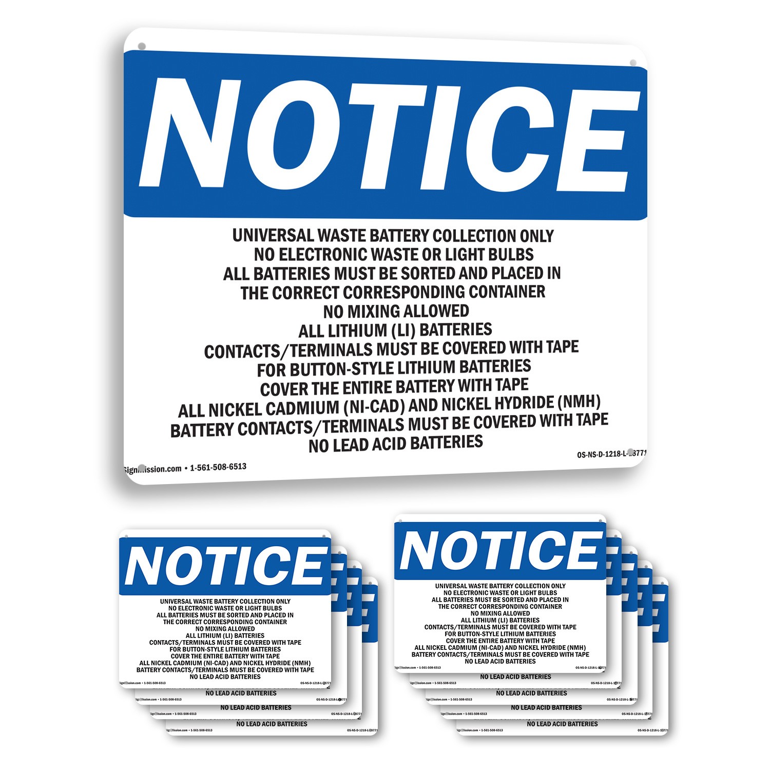 Universal Waste Battery Collection Only OSHA Notice Sign Or Decal – 5 or 10 Pack