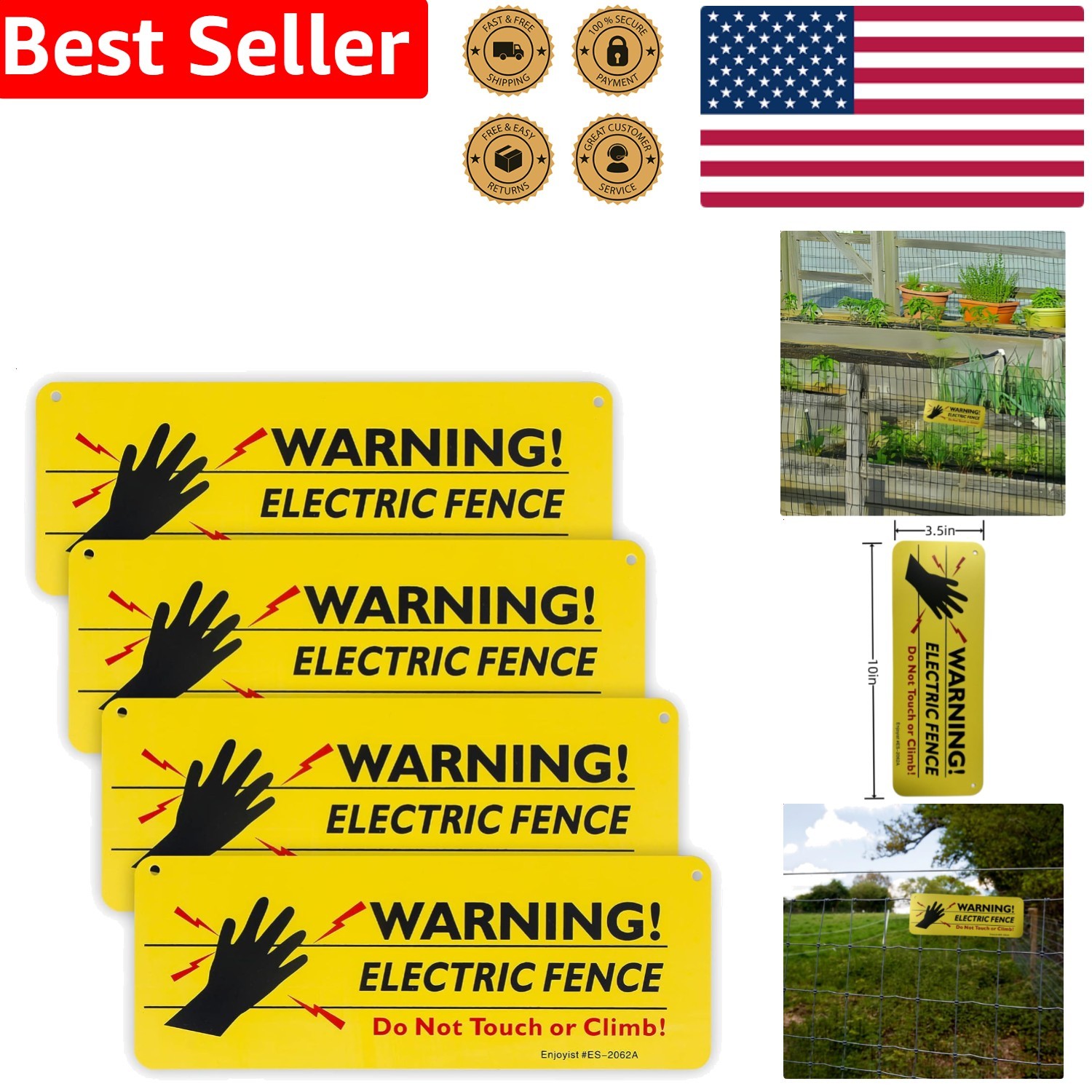 Safety Electric Fence Sign 4 Pieces 10×3.5 Yellow Reflective Plastic Durable