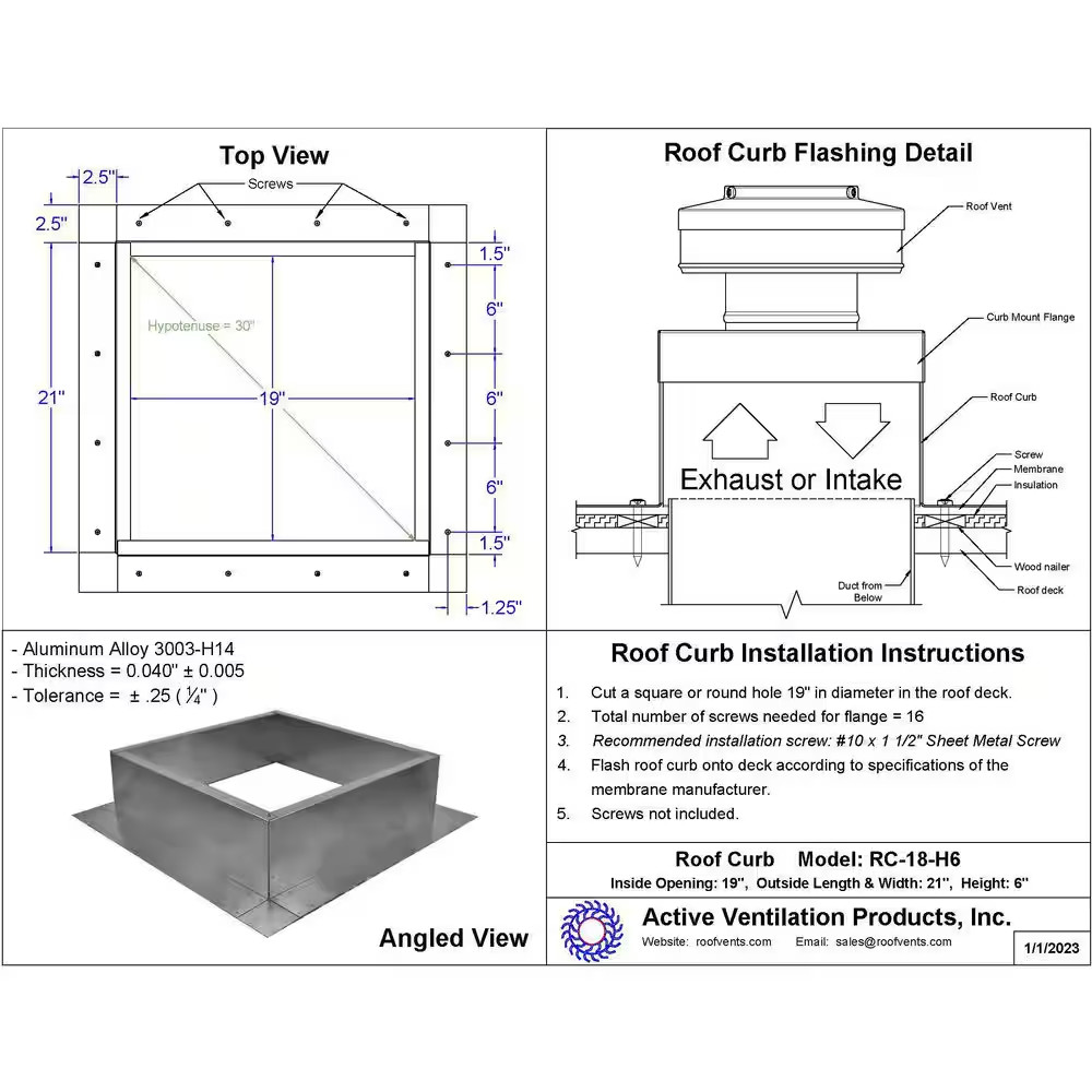 Box Is 21 In. Wide X 21 In. Long X 6 In. High Aluminum Roof Curb