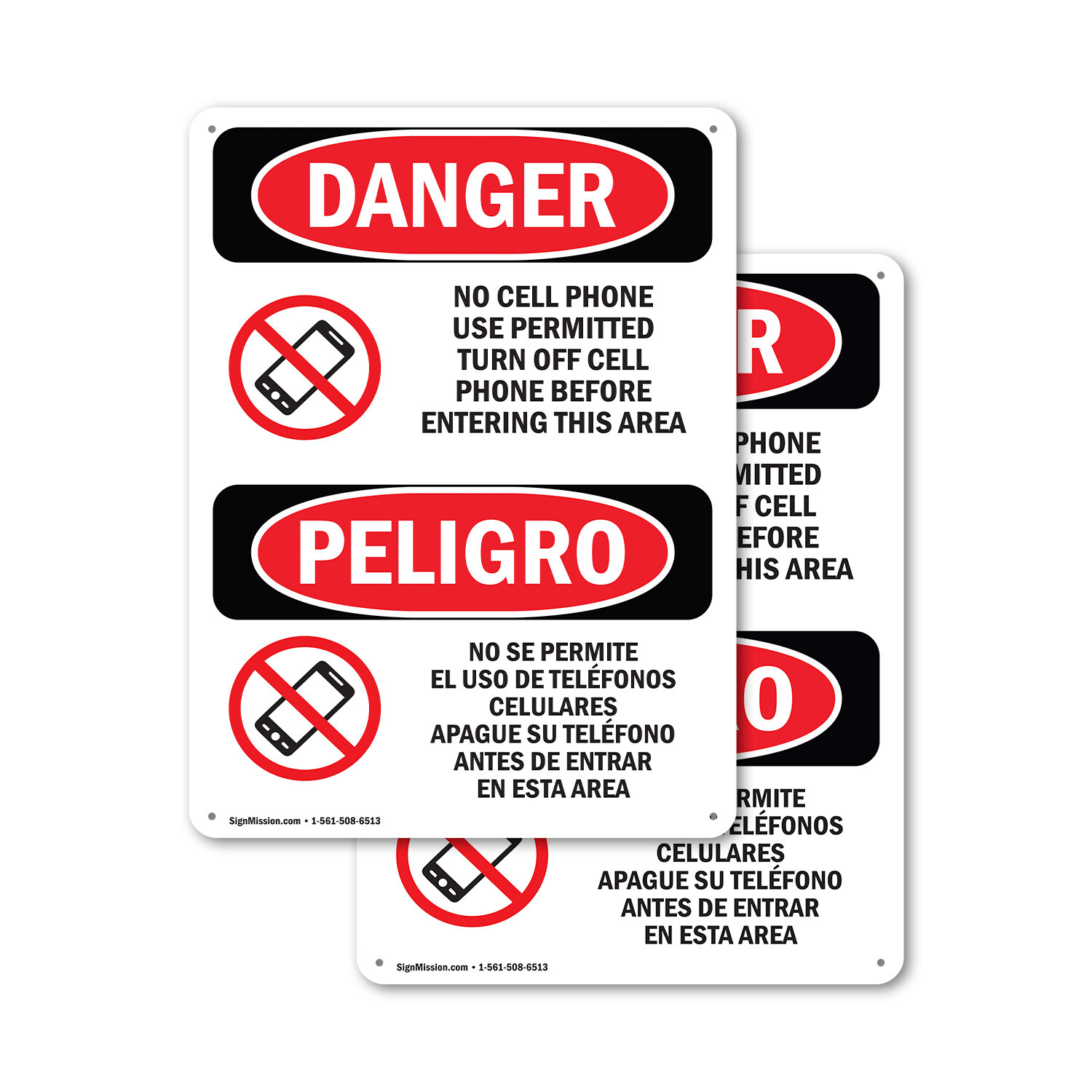 (2 Pack) No Cell Phone Use In Area Bilingual OSHA Danger Sign Decal Metal