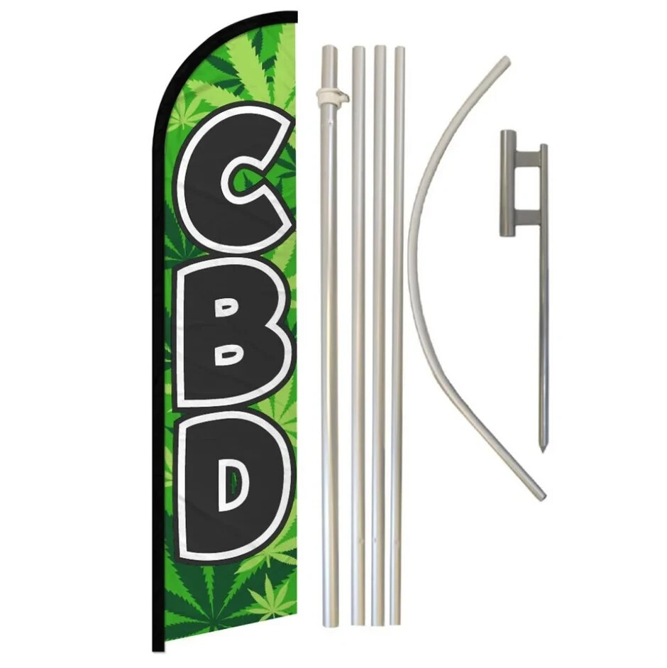 C.B.D. Windless Full Curve Advertising Dispensary MJ Banner Flag & Pole Kit