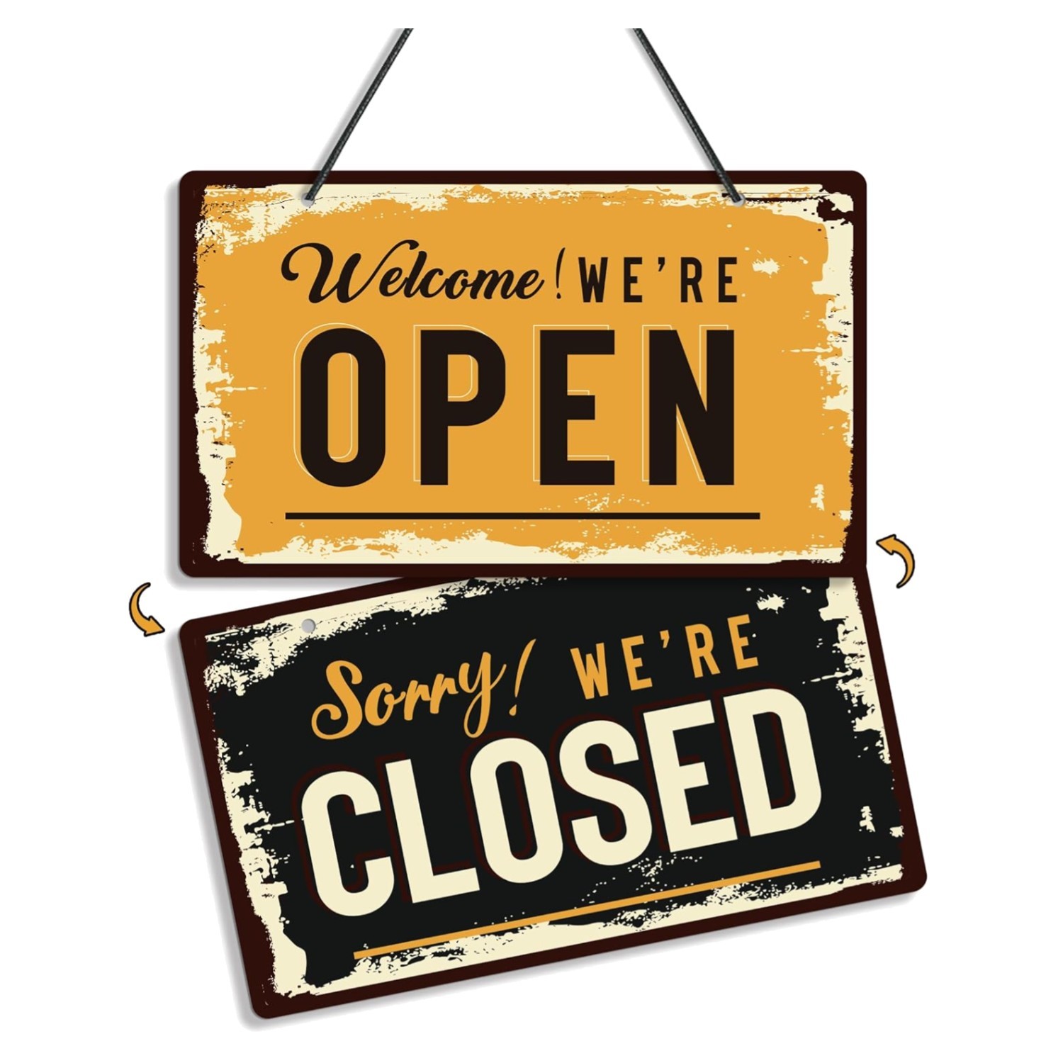 Open Closed Sign for Business, 10&Prime; X 6&Prime; Double Sided Plastic Sign with Twine, Su