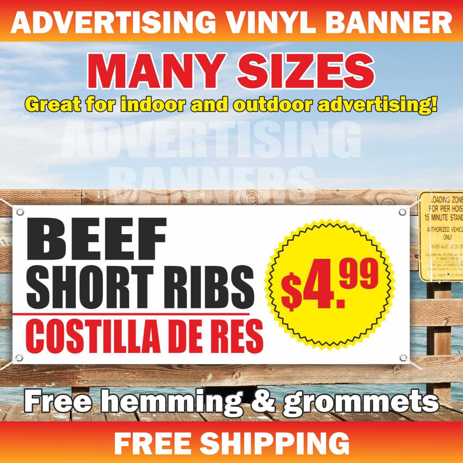 BEEF SHORT RIBS Advertising Banner Vinyl Mesh Sign costilla de res, Restaurante