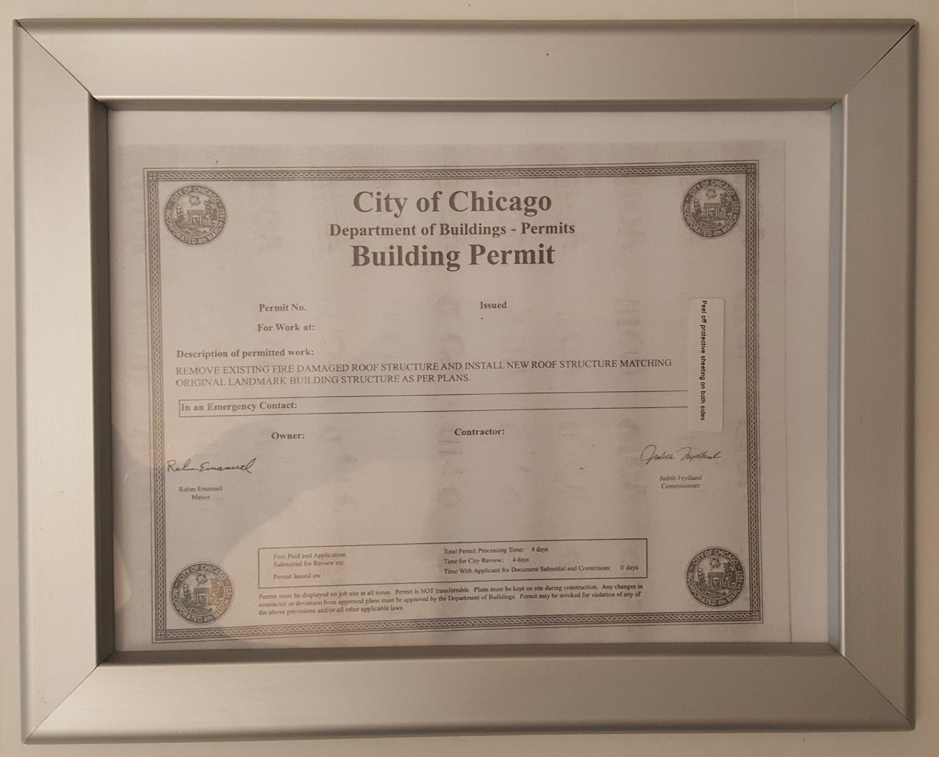 CITY OF CHICAGO BUILDING PERMIT FRAME 8.5 x 11 ( Heavy Duty)-REF24-1027