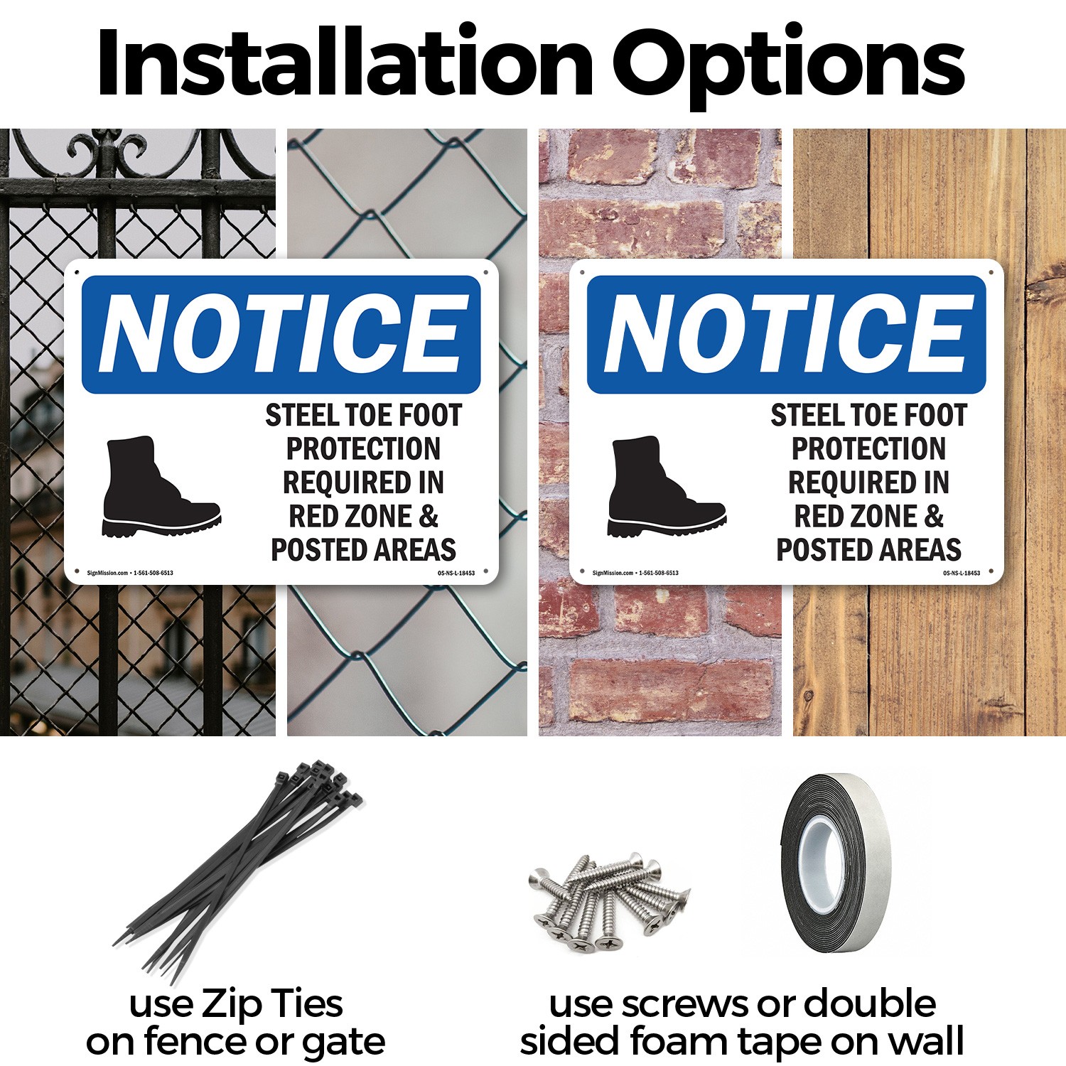 Steel Toe Foot Protection Required OSHA Notice Sign Metal, Decal – 5 or 10 Pack