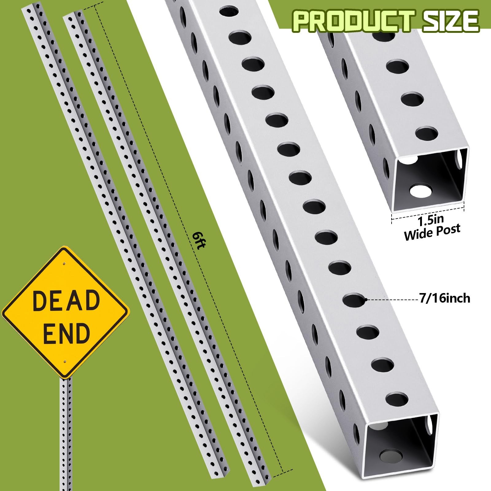 2 Pcs Square Sign Post 6 ft H x 1.5 Inch Wide with 7/16 Dia -set Perforated S…
