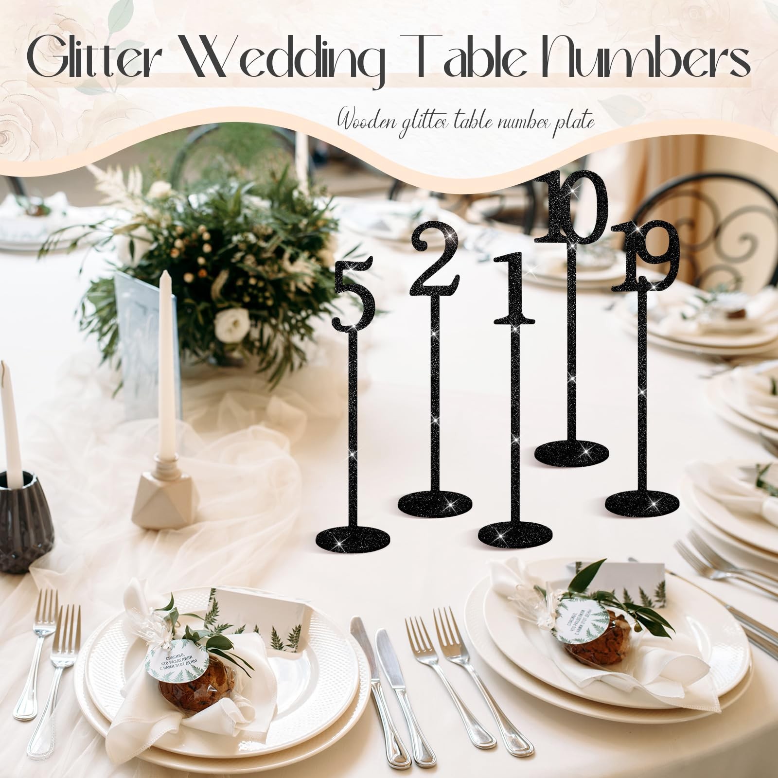 Black Glitter Wooden Wedding Banquet Event Table Number Sign With Base 20 PCS