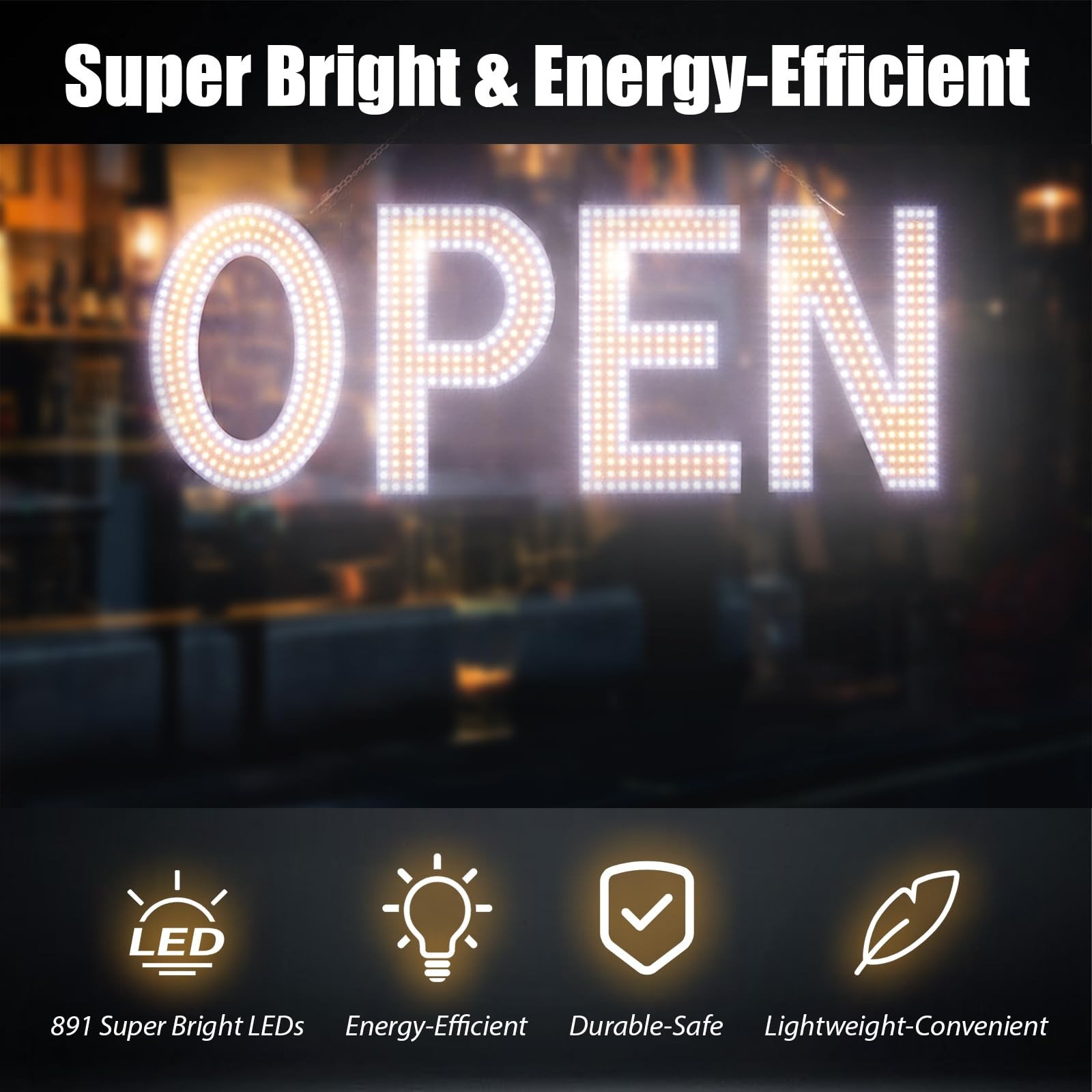 Dimmable LED Open Sign 40&Prime;x14&Prime; with Hanging for Cafe, Store, Bar, Salon, Hotel