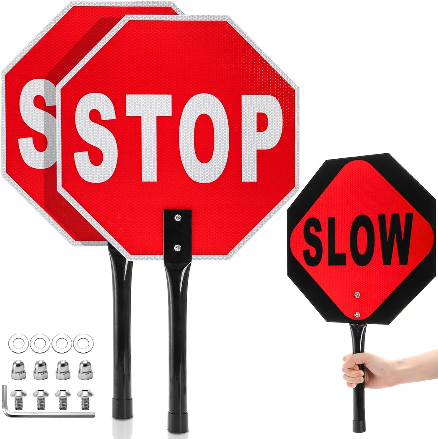 2 Pieces Stop Slow Signs, 13 » Hand Held Stop Slow Signs with Metal Handle, Doub